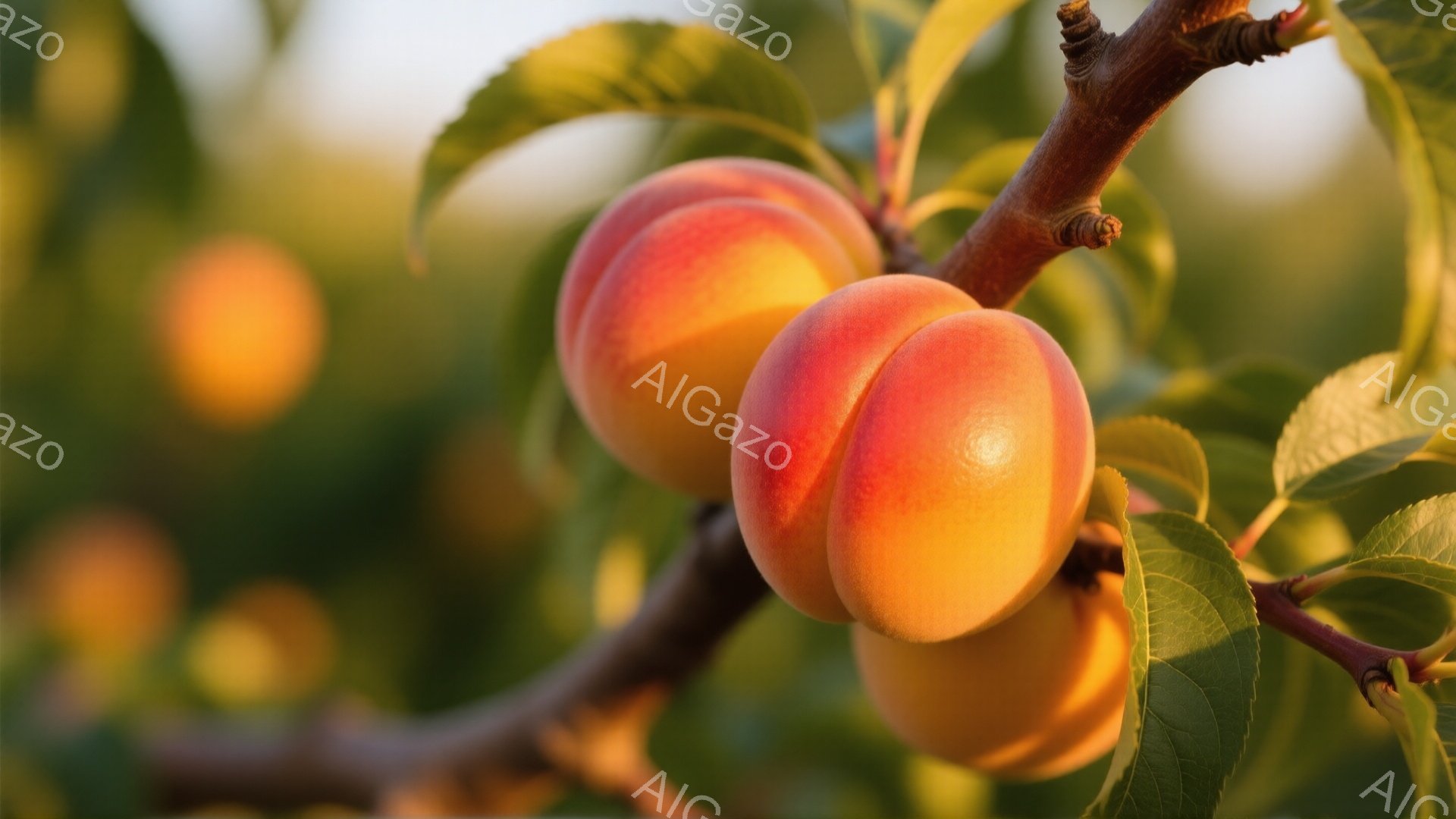 桃の実が枝にいくつか実っています。鮮やかなオレンジと赤のグラデーションが美しく、葉っぱとのコントラストが際立っています。背景はぼやけており、他の桃の実や緑豊かな葉が広がり、穏やかで暖かい雰囲気が漂って - AI生成フリー素材