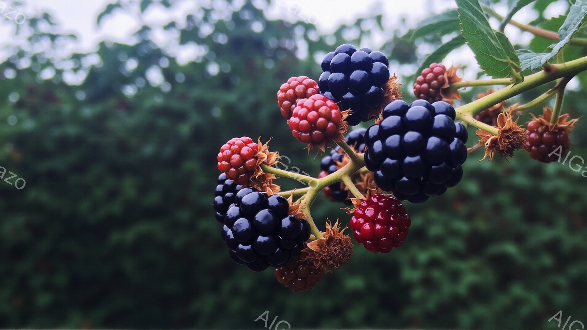 濃い緑の背景に、熟したブラックベリーと未熟な赤いベリーが密集した房が写っている。ベリーは茎にぶら下がり、一部は既に収穫された跡が見える。背景はぼやけているが、自然豊かな場所で撮影されたことが窺える。