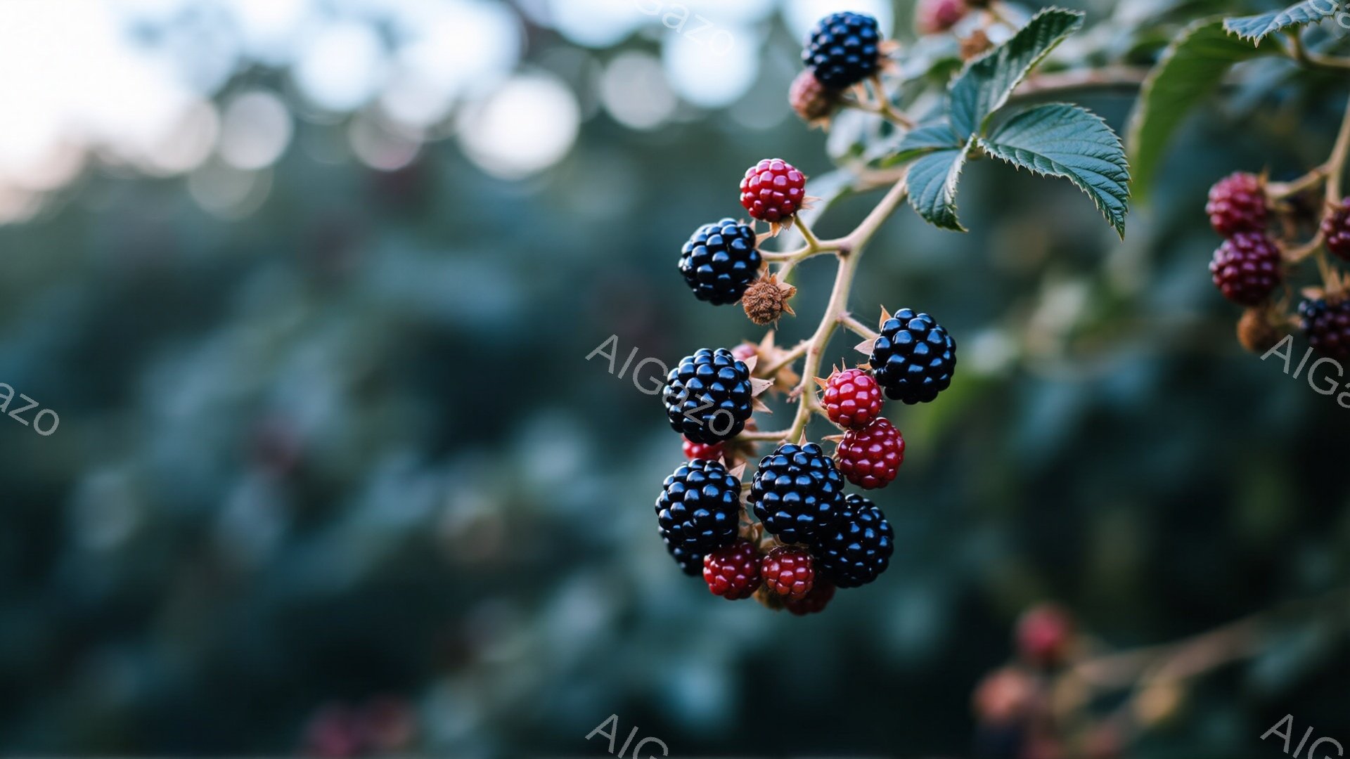 熟したブラックベリーが枝に密集してぶら下がっている様子が写っています。一部は濃い紫色、一部はまだ赤い実が混ざり、自然の恵みが感じられます。背景は緑色の葉がぼやけており、屋外で撮影された柔らかな雰囲気の写真です。
