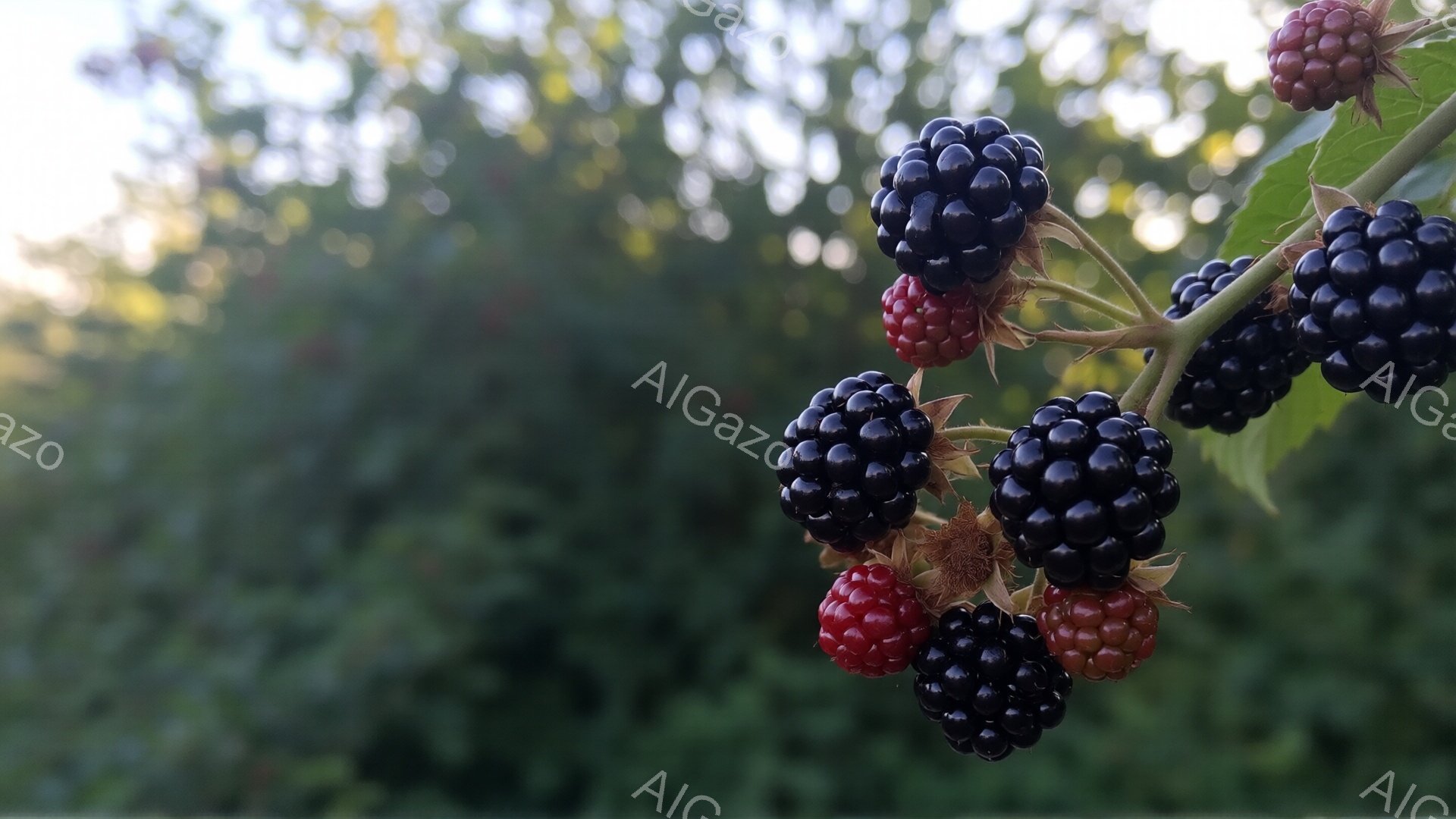 鮮やかな緑の背景に、熟したブラックベリーが枝に実っている様子が捉えられています。実の一部は深い黒色で、別のものはまだ赤みが残っており、収穫時期の段階を示しています。背景は密集した葉っぱで、柔らかな自然光が差し込み、全体的に穏やかで静かな雰囲気を醸し出しています。