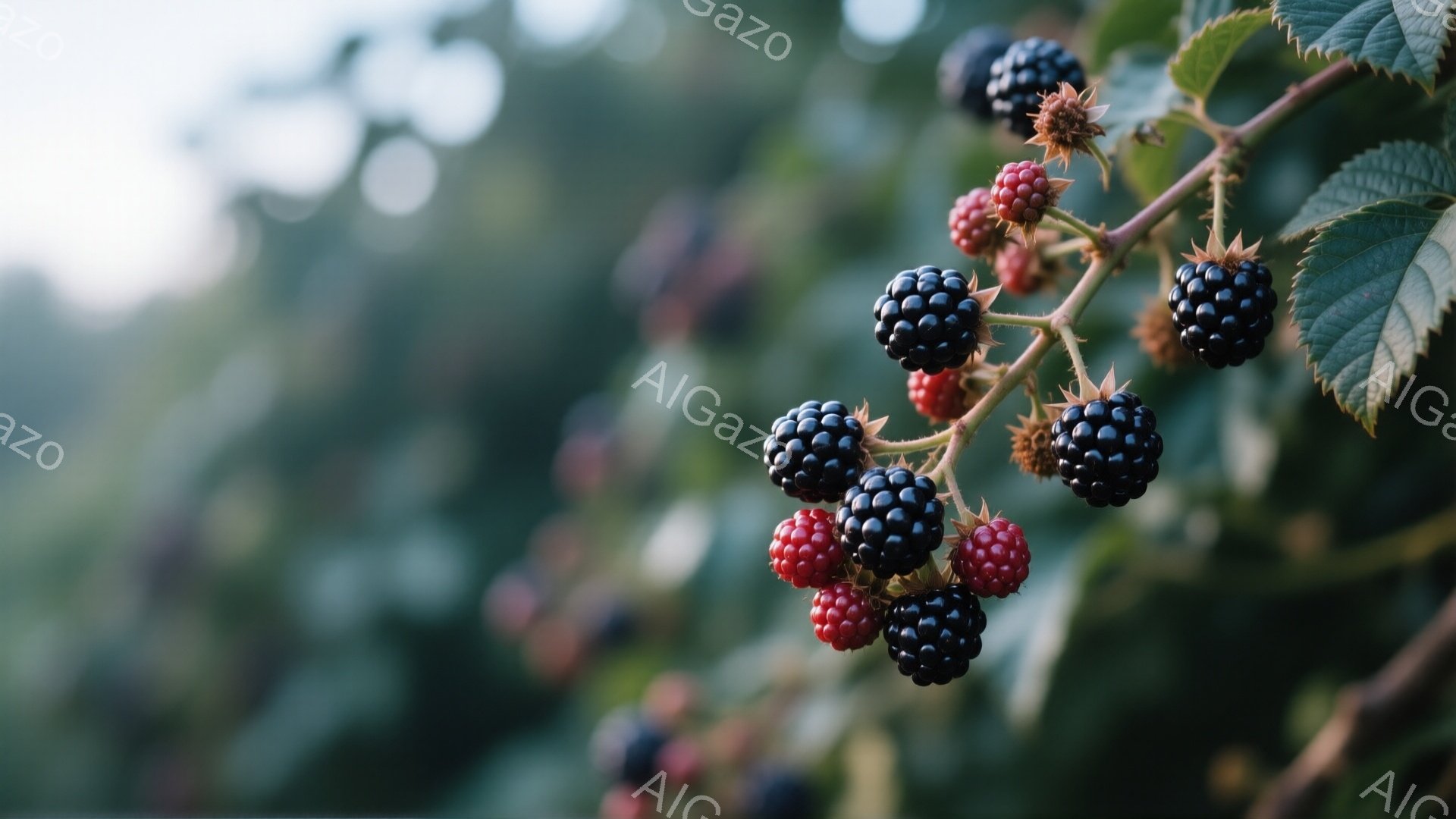 鮮やかな緑の葉と熟したブラックベリーが密集した茎が写っている。一部のベリーは鮮やかな赤色をしており、まだ完全に熟していないことを示唆している。背景はぼやけた緑で、自然の中で撮影された、温かく穏やかな雰 - AI生成フリー素材