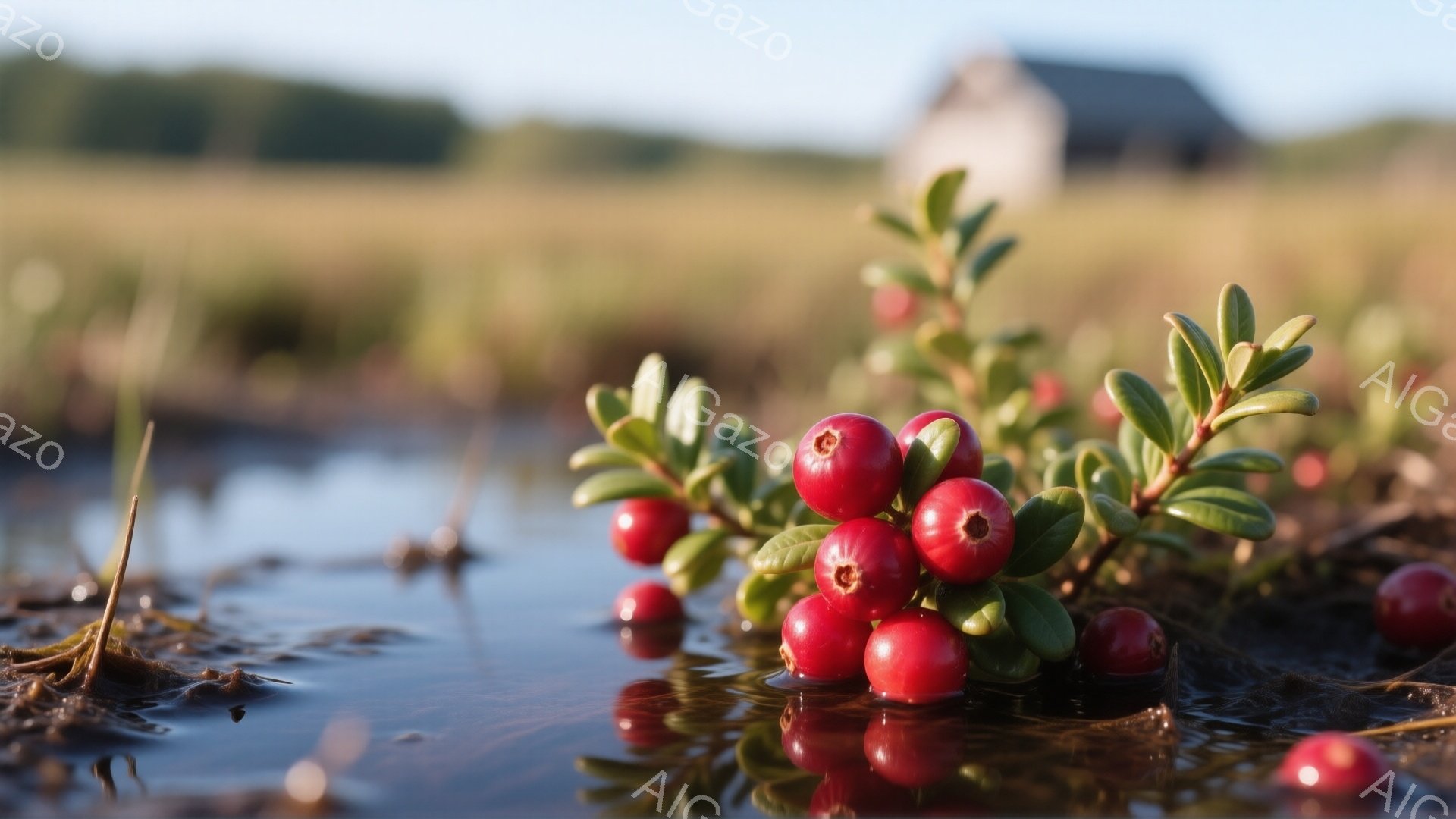 鮮やかな赤い実をつけた蔓が水面に浮かび、周囲には湿地帯が広がっています。水面には実の鮮やかな反射が見られ、背景にはぼやけた緑色の草地と、遠くに見える小屋が穏やかな光の中に包まれています。全体的に湿地特有の静寂さと、秋の訪れを感じさせる落ち着いた雰囲気が漂っています。