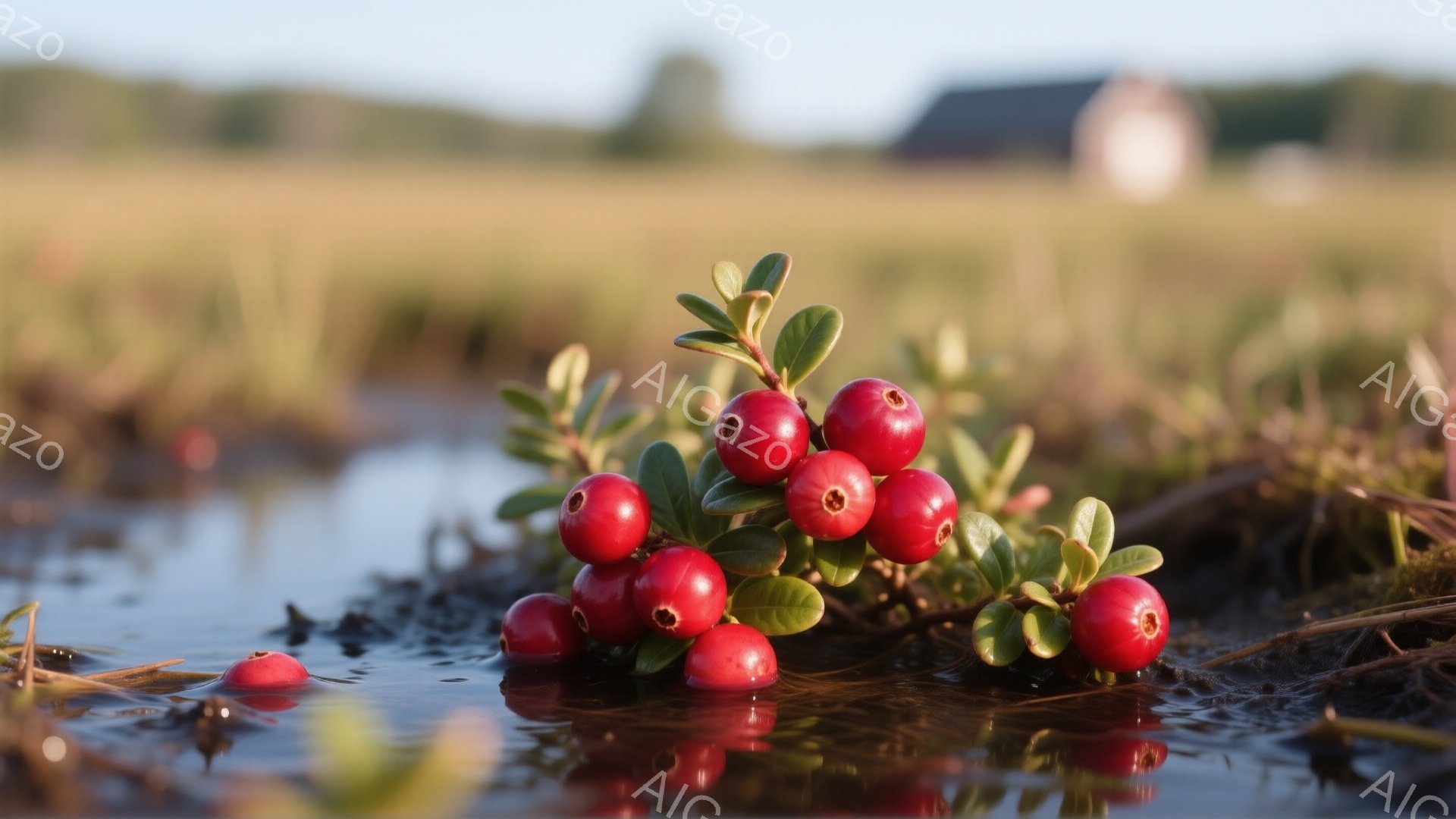鮮やかな赤い実が、湿地帯の緑豊かな植物の中にあります。水面に反射した赤い実が、水の色と混ざり合い美しいコントラストを生み出しています。背景には、ぼやけた緑の植物と、遠くに見える建物のシルエットがあり、静かで自然な雰囲気を醸し出しています。