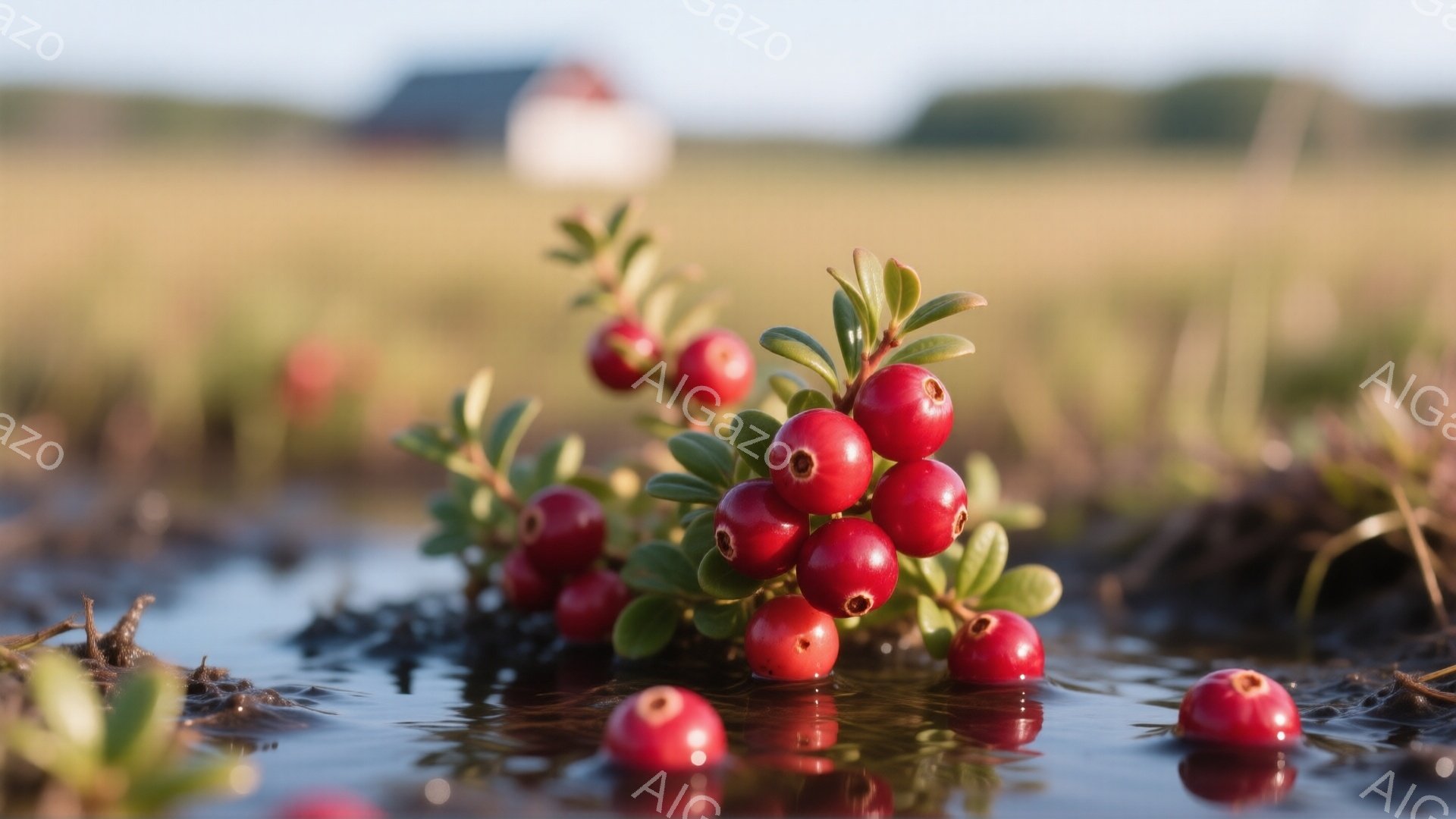 鮮やかな赤い実をつける植物が水に浮かび、その周囲は湿った土と枯れた植物で覆われています。背景には、ぼやけた緑の野原と遠くに見える屋根の赤い建物があり、穏やかで静謐な雰囲気を醸し出しています。光は柔らか - AI生成フリー素材