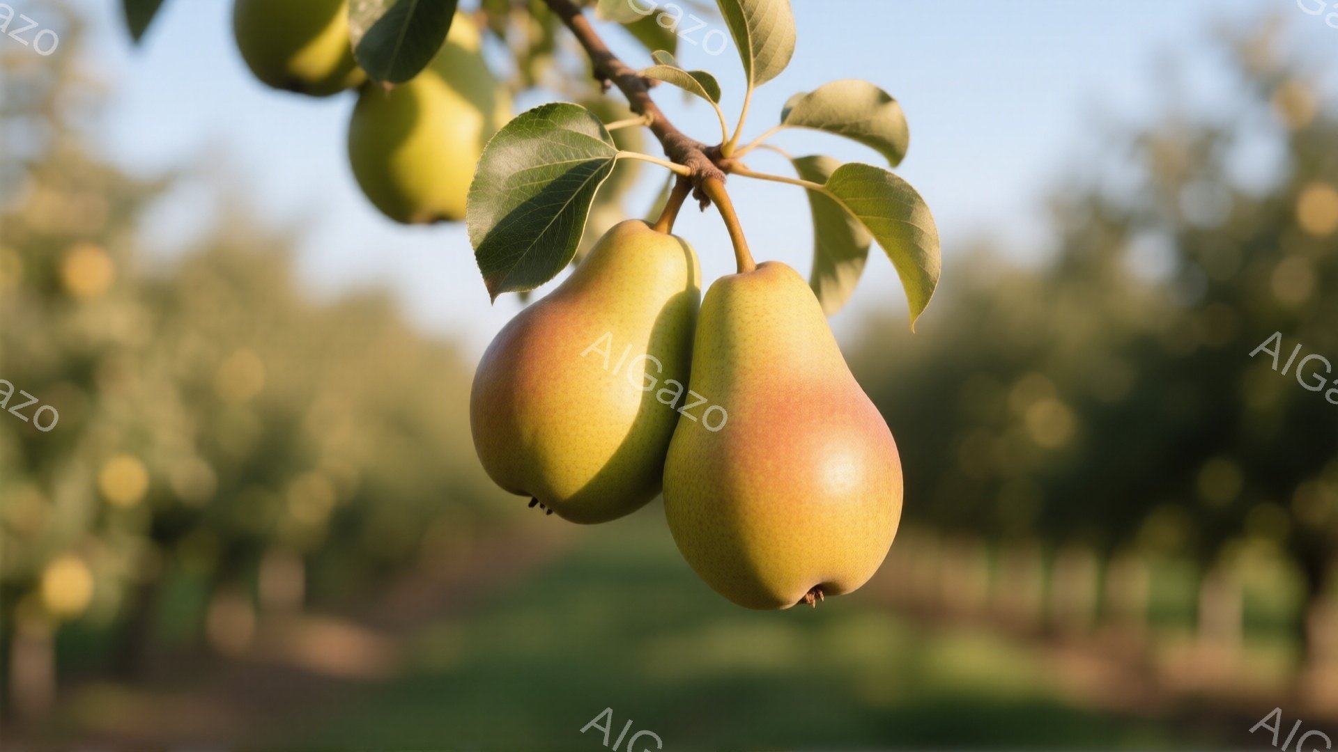 枝に実った梨が３つ、鮮やかな緑の葉に囲まれて写っている。梨は黄色と赤みがかった色合いで、光を受けて瑞々しく輝いている。背景はぼやけた緑で、穏やかで静かな雰囲気を感じさせる。