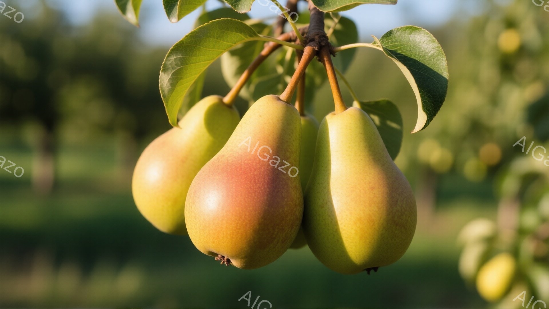 熟れた梨が枝に実っている様子が写されている。梨は黄緑色から赤みがかった色合いで、光沢があり美味しそうに見える。背景は緑豊かな植物で、晴れた日の穏やかな雰囲気を感じさせる。