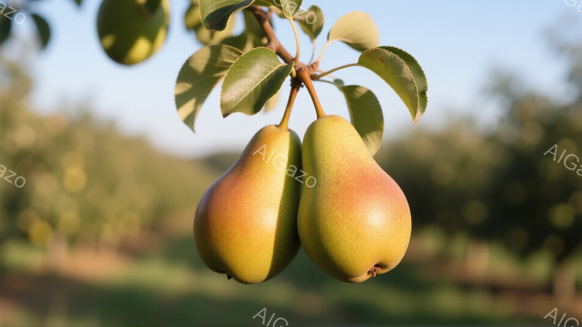 画像には、枝に実った2つの梨が写っている。梨は緑と黄色のグラデーションで、表面にはわずかな赤みが差している。背景はぼやけた緑で、おそらく果樹園の様子であり、穏やかで自然な雰囲気が漂っている。