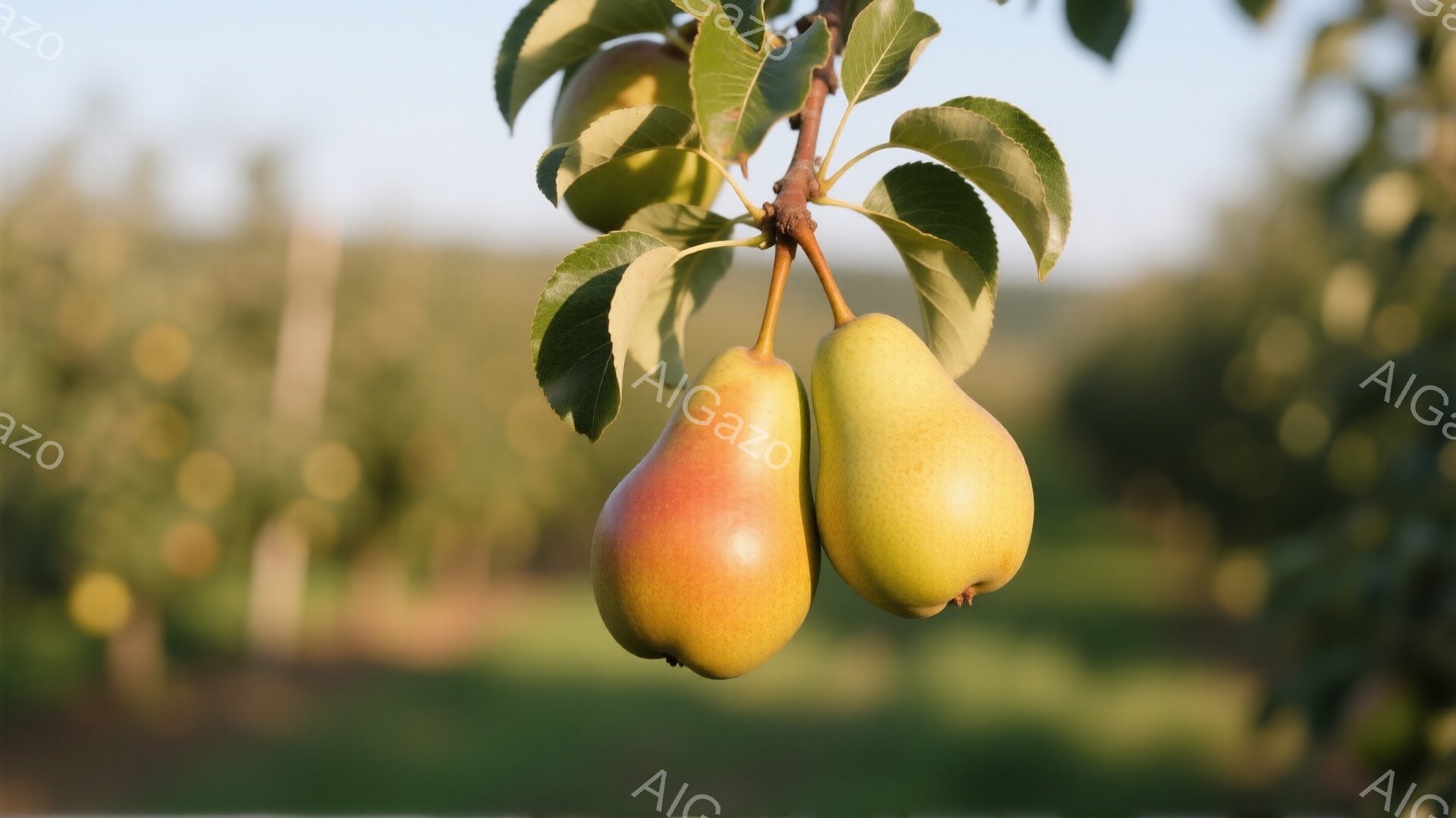 熟した梨が枝につるされている様子が写っている。梨は緑と赤が混ざった色合いで、葉に囲まれており、背景はぼやけた緑の風景が広がっている。全体的に穏やかで自然な雰囲気が漂っている。