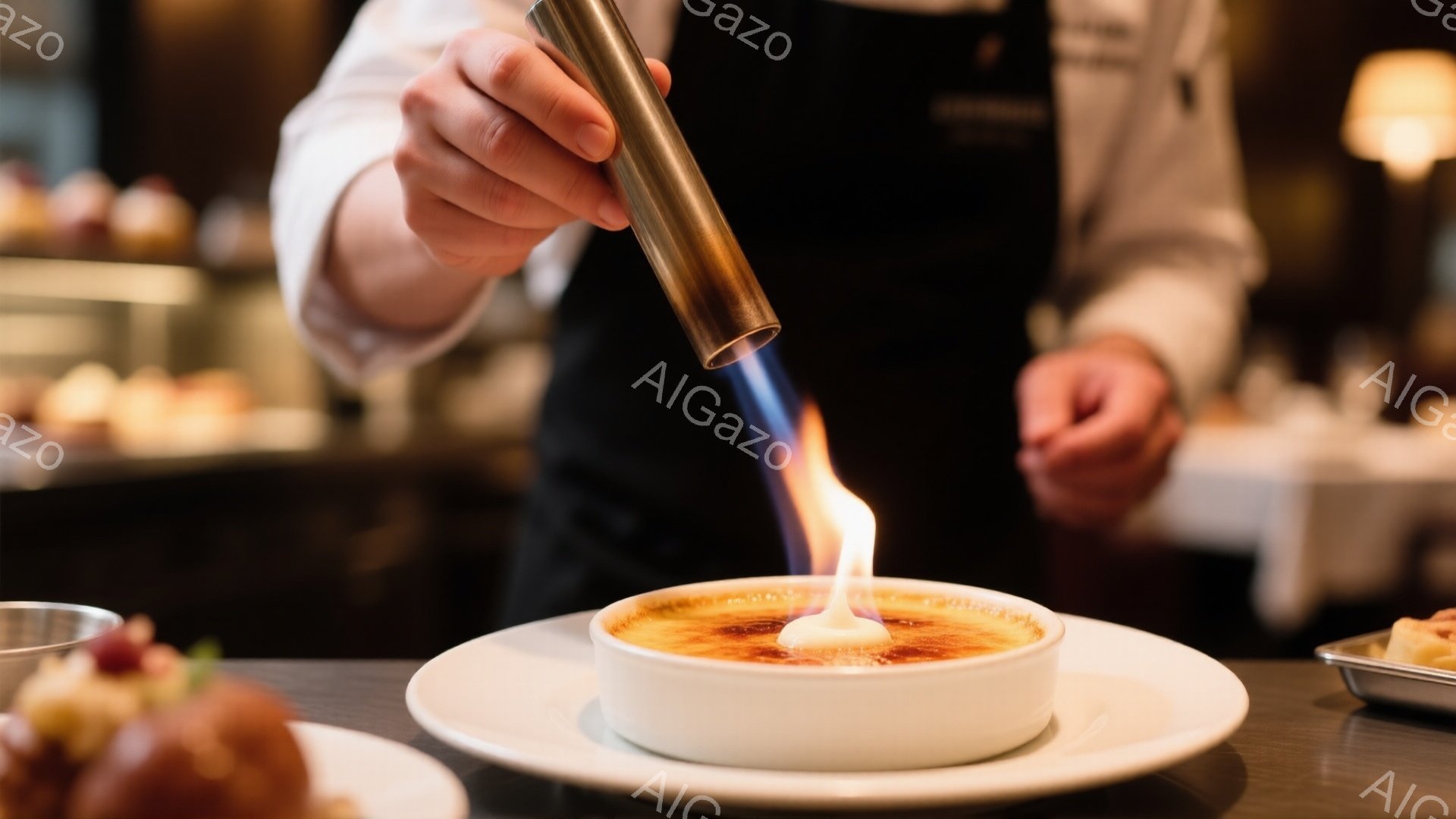 白い器に入ったクレームブリュレに、金属製のバーナーで炎を当て、表面をキャラメリゼしている様子が写っている。調理人は黒いエプロンに白いシャツ姿で、集中して作業に取り組んでいる。背景には少しぼやけたショーケースと、暖色系の照明が見え、高級感のある落ち着いた雰囲気を感じさせる。