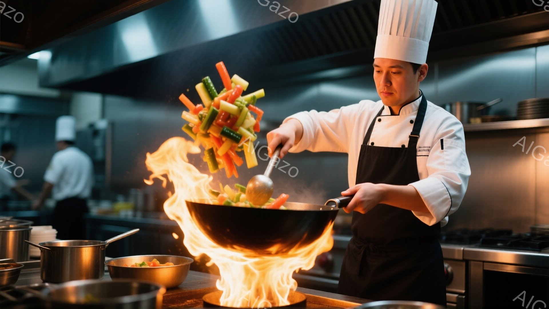 白いコック帽と黒いエプロンを身につけた男性が、燃え盛るフライパンの中で野菜を高く放り投げている。彼の表情は真剣で集中しており、ダイナミックな調理の瞬間を捉えている。背景には他の調理スタッフや調理器具が見え、プロの厨房の熱気と活気が感じられる。