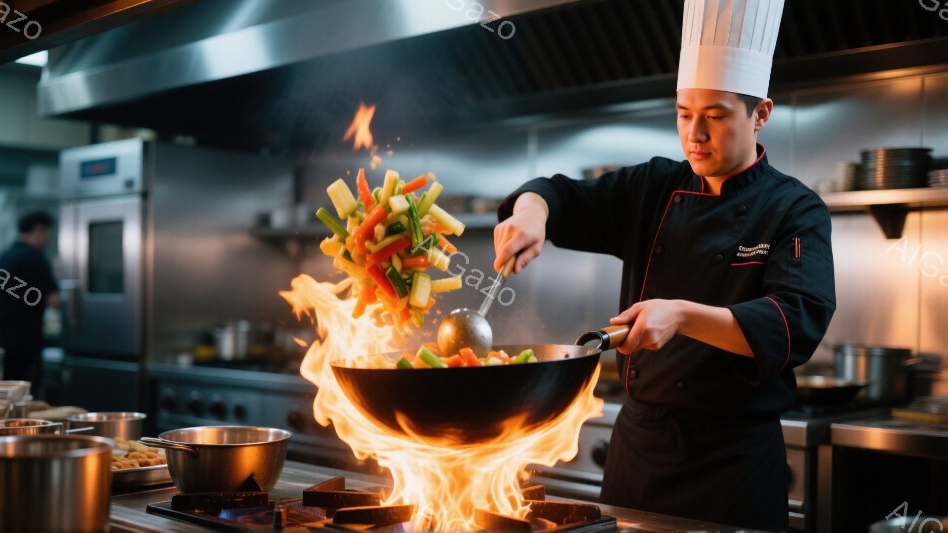 プロの料理人が炎を巻き上げながら炒め物をしている様子が写っている。彼は白のコックハットと黒の制服を着ており、集中した表情で食材をフライパンから放り投げている。背景にはステンレス製の調理台や調理器具が見 - AI生成フリー素材