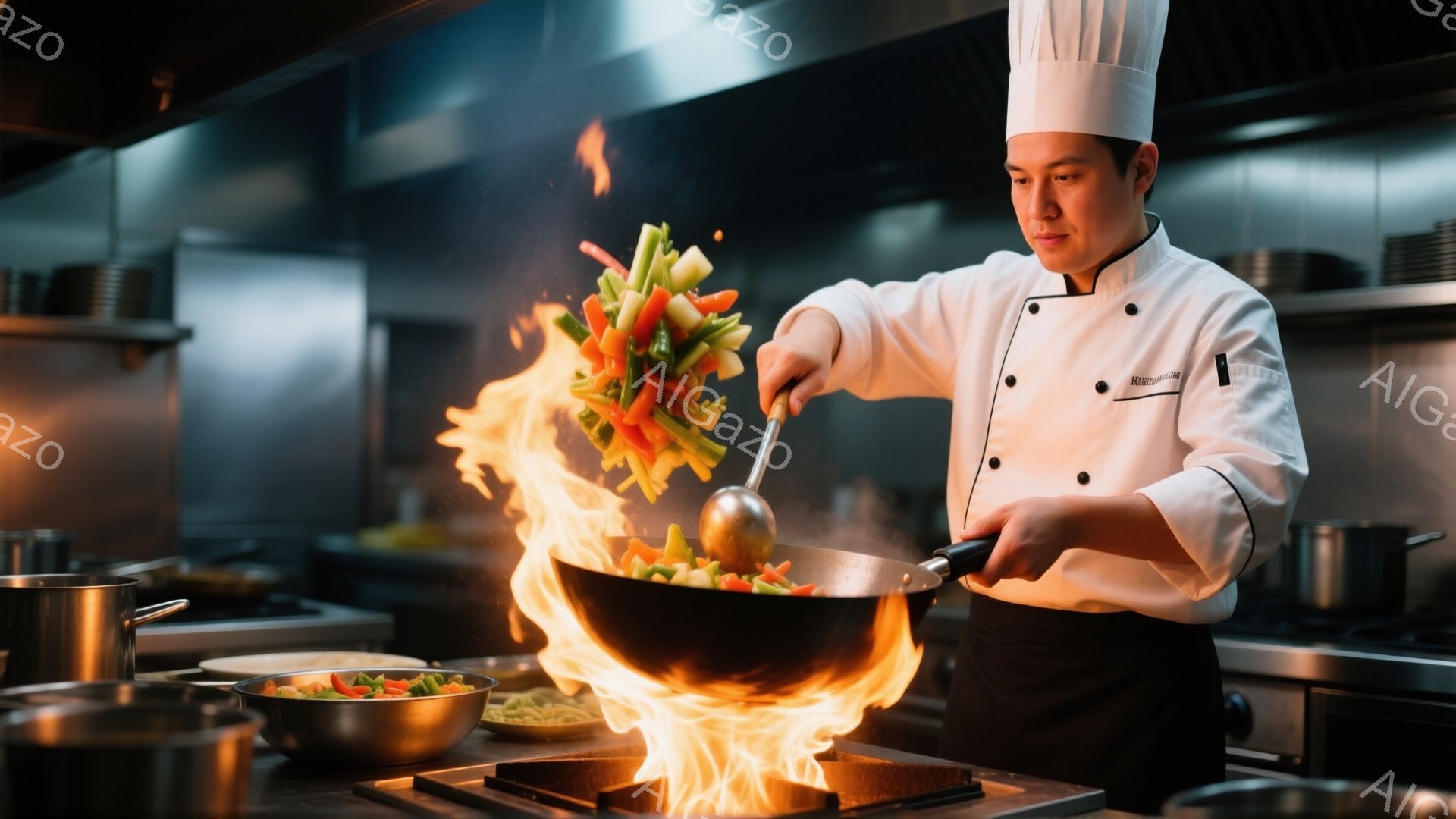 白いコック帽とコックコートを身に着けた男性が、燃え盛るウォックパンの中で野菜を炒めています。彼の表情は真剣で集中しており、華麗な手つきで野菜を空中に投げ上げています。背景にはステンレス製の調理器具や食 - AI生成フリー素材