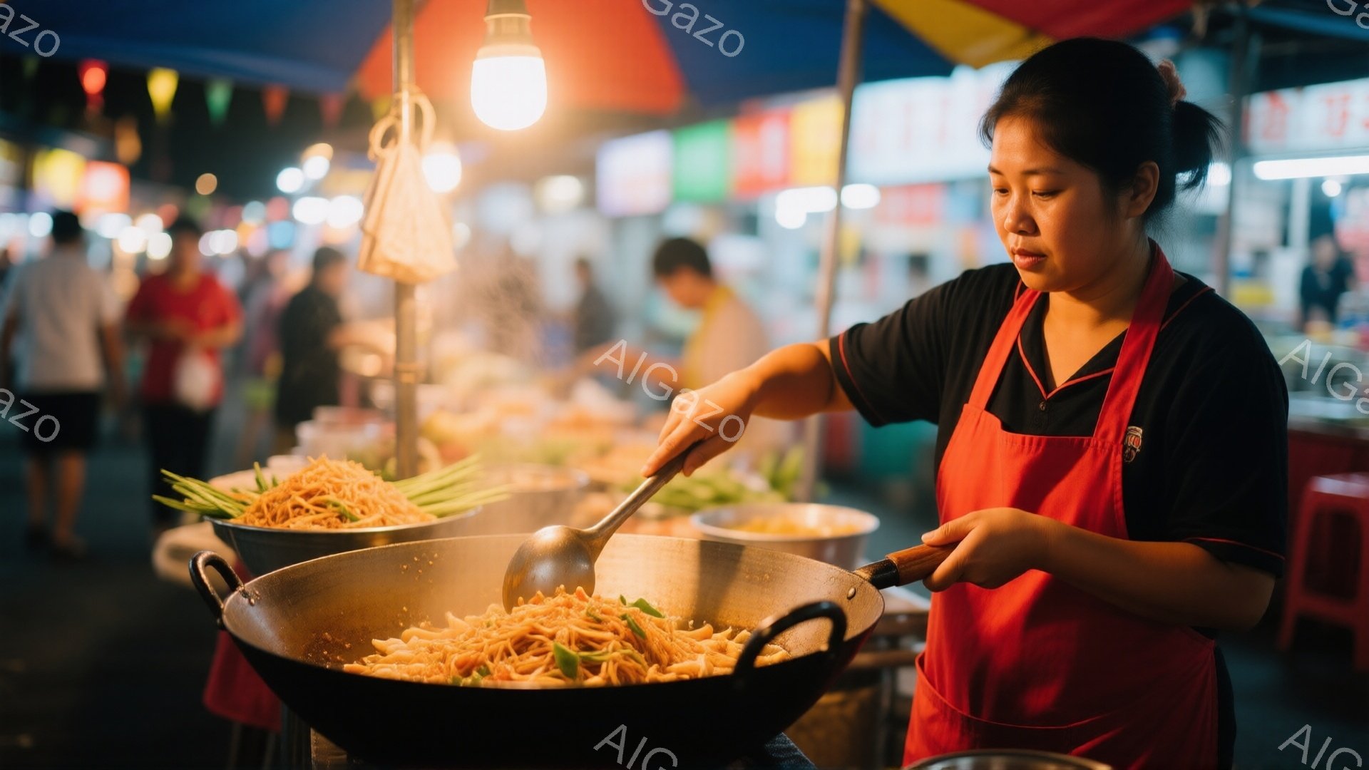 屋台で女性が調理をしている様子が写っている。彼女は黒いポロシャツに赤いエプロンを着ており、髪は後ろで一つにまとめている。大きなフライパンで麺を炒めており、真剣な表情で調理に集中している。