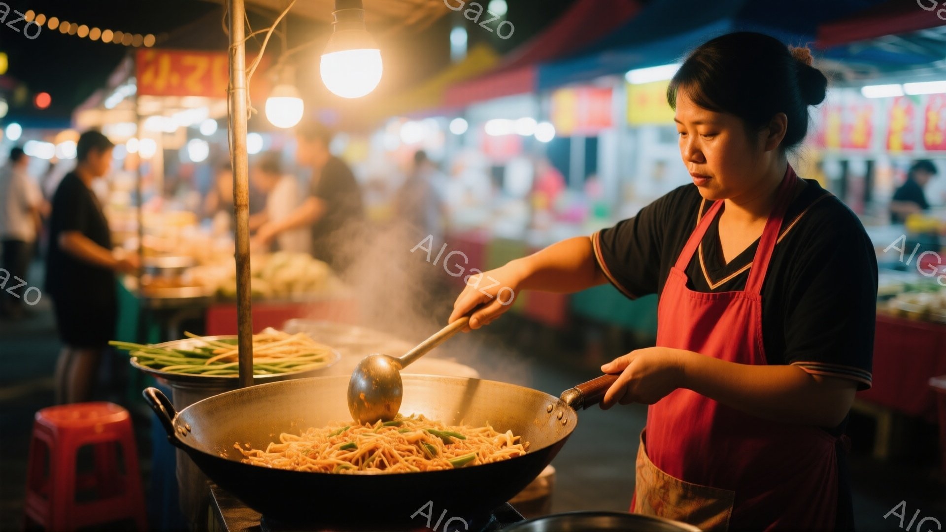 屋台で女性が麺料理を作っている様子が写っている。彼女は黒いシャツに赤いエプロンを着用し、髪を後ろでまとめており、真剣な表情でフライパンをかき混ぜている。背景には多くの人々や屋台がぼやけて写っており、賑やかな夜の市場の雰囲気が伝わる。