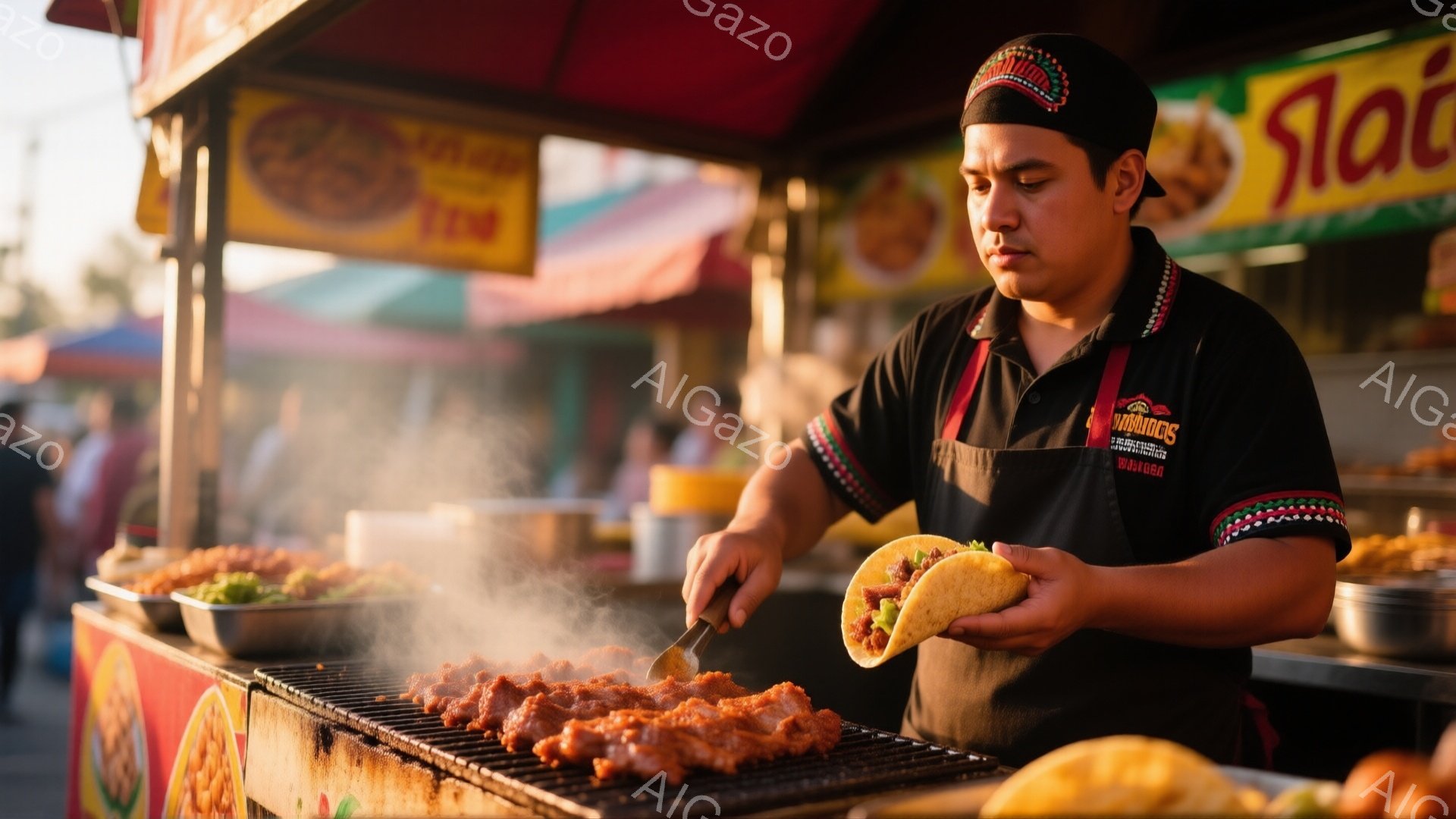 料理人は黒いエプロンと帽子を着用し、肉を焼く様子が写っている。彼は真剣な表情で肉を切り分け、タコスに具材を乗せている。背景には屋台や人々が見え、活気のある屋台の雰囲気が感じられる。