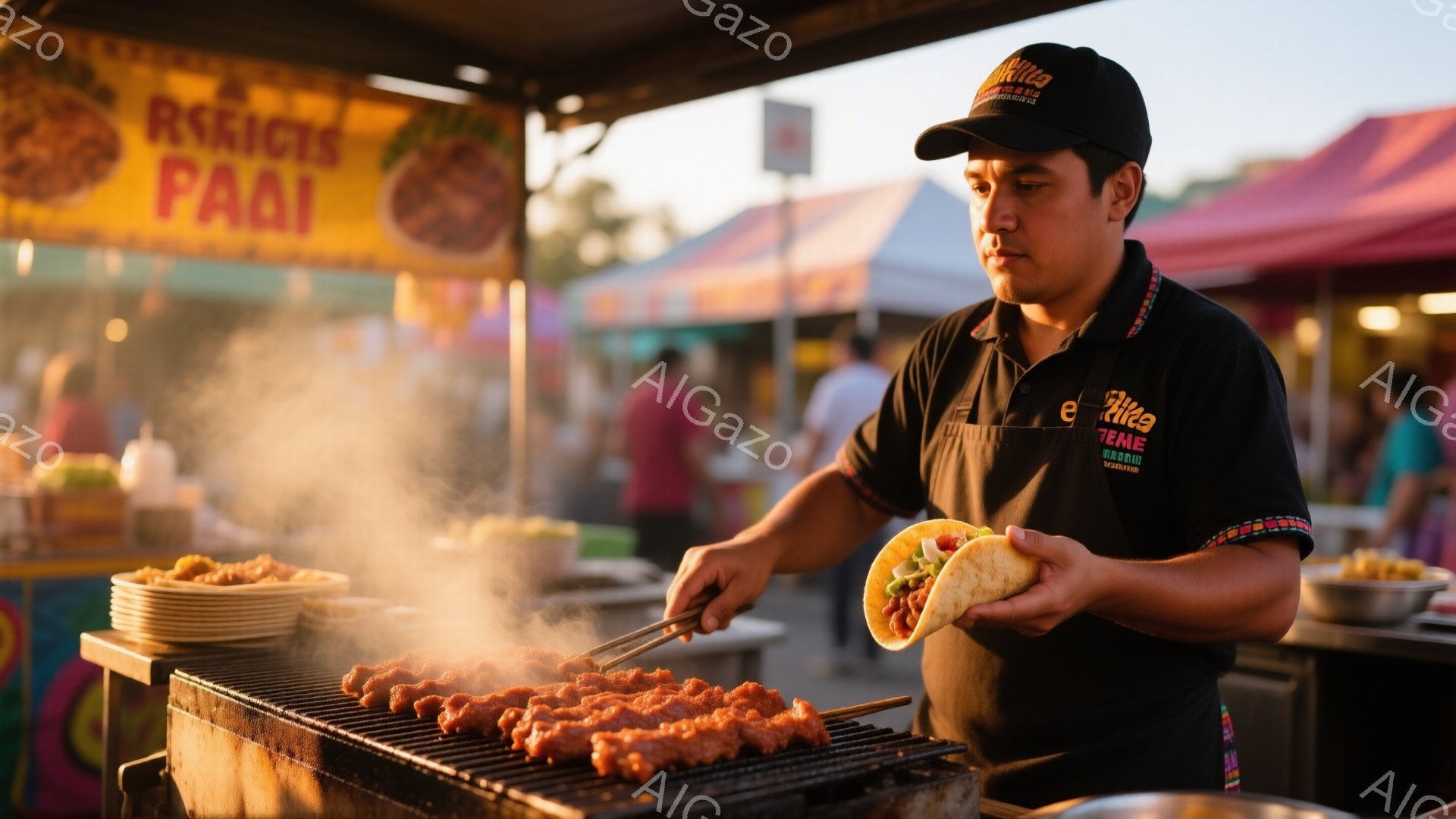 街の屋台で、男性が串焼き肉を焼いている様子が写っています。黒いエプロンと帽子を着用し、真剣な表情で串を返し、タコスのようなものを手に持っています。背景には、屋台のカラフルな装飾や、ぼやけた人々の姿が見 - AI生成フリー素材