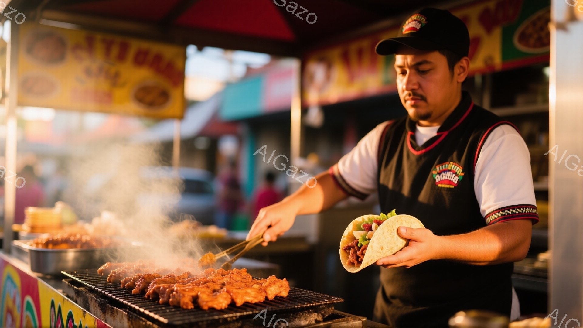 料理人は黒いエプロンと赤い装飾のある白いシャツを着て、野球帽をかぶっています。彼はグリルの上で肉を焼いており、片手でタコスを握り、もう片手でトングで肉をひっくり返しています。背景には、カラフルな屋台とぼやけた人影が見え、活気のある市場の雰囲気が漂っています。