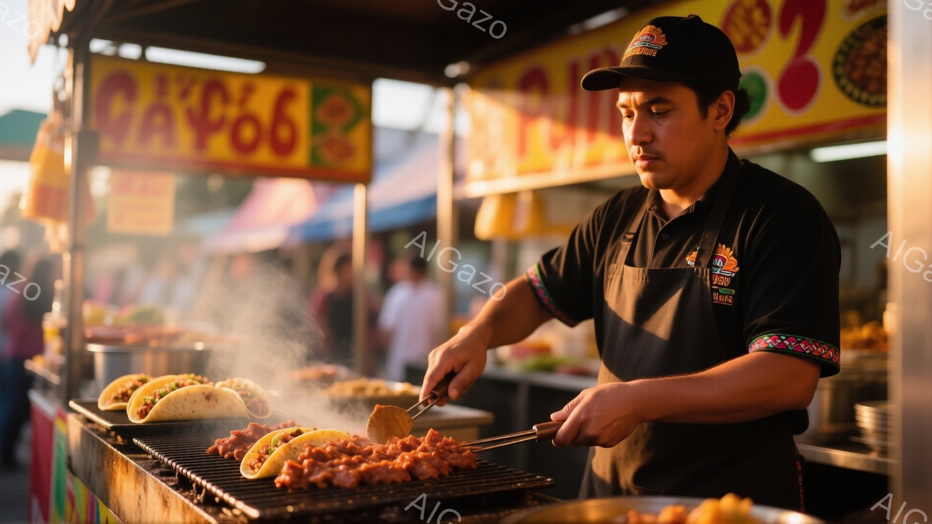 メキシコの屋台で、男性が肉を焼いている様子が写っている。彼は黒いエプロンと帽子を着用し、真剣な表情で鉄板の肉をフライ返しで調理している。背景には、色とりどりの旗や他の人々が見え、賑やかな屋台の雰囲気が伝わってくる。