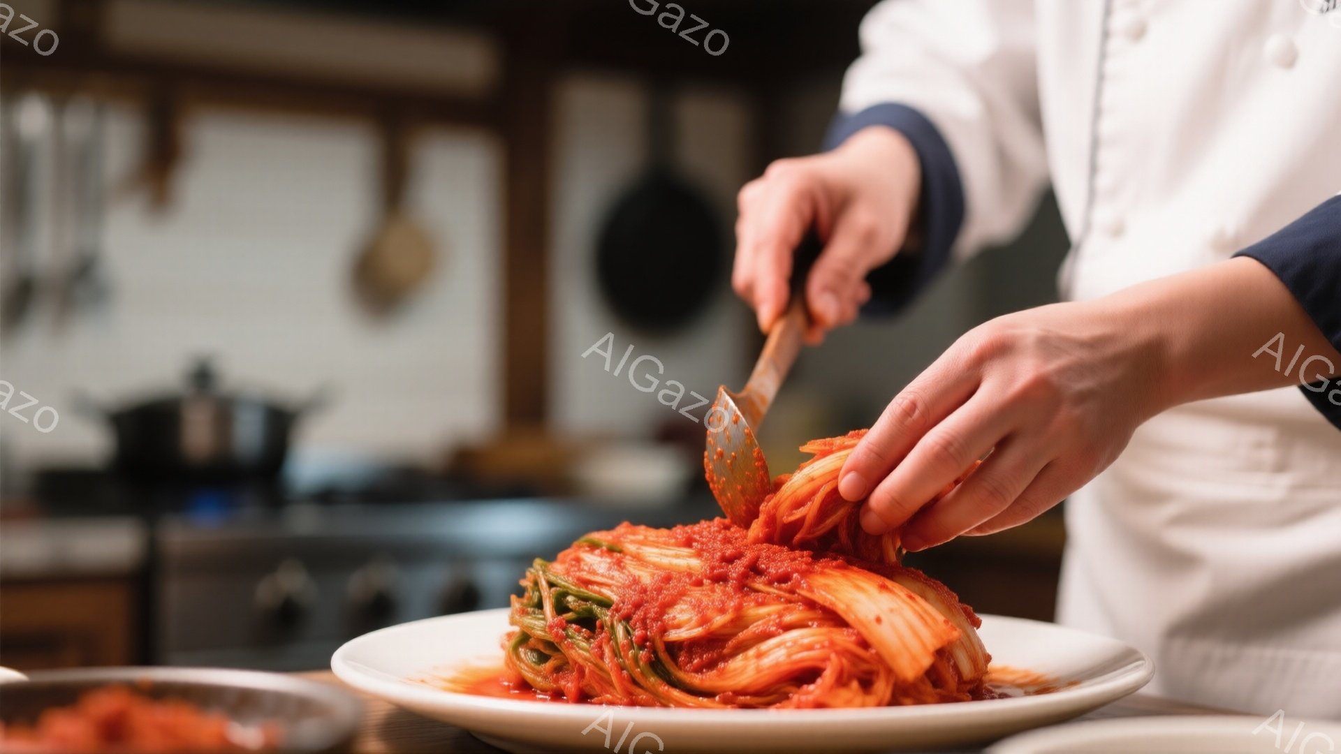 白い調理服を着た人物が、赤いキムチを盛り付けた白い皿に手を伸ばしている様子が写っている。キムチは細かく刻まれた野菜で構成され、皿の中に高く積み上げられている。背景には調理器具が並び、調理室のような暖かく親しみやすい雰囲気が漂っている。