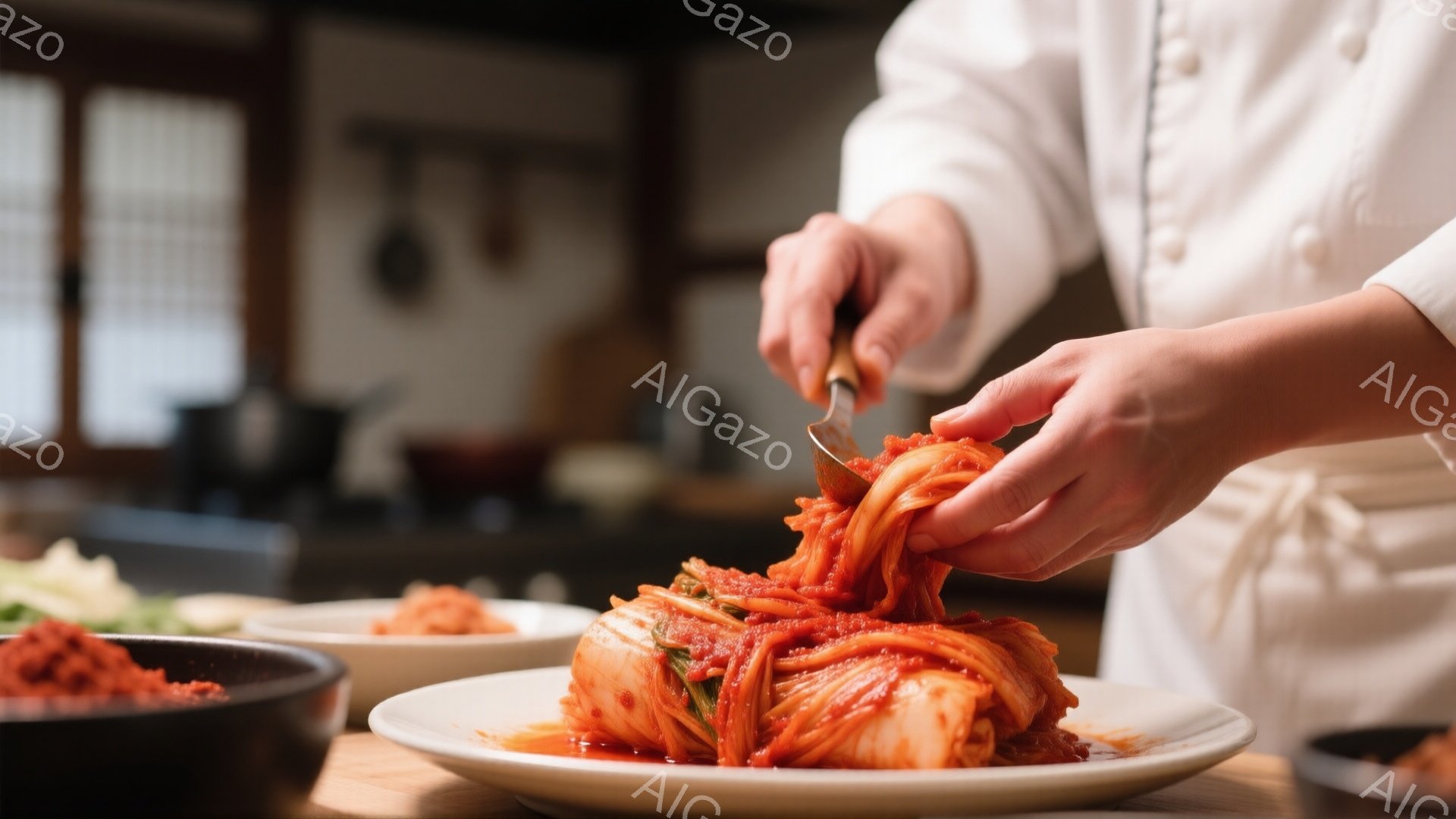 白いコックコートを着た人物が、赤いキムチを盛り付け中の様子が写っている。キムチは陶器の白い皿に、彩り豊かに盛り付けられ、手元のナイフで丁寧に形を整えている。背景には薄暗い厨房が見え、温かく、手作り感のある家庭的な雰囲気が漂っている。