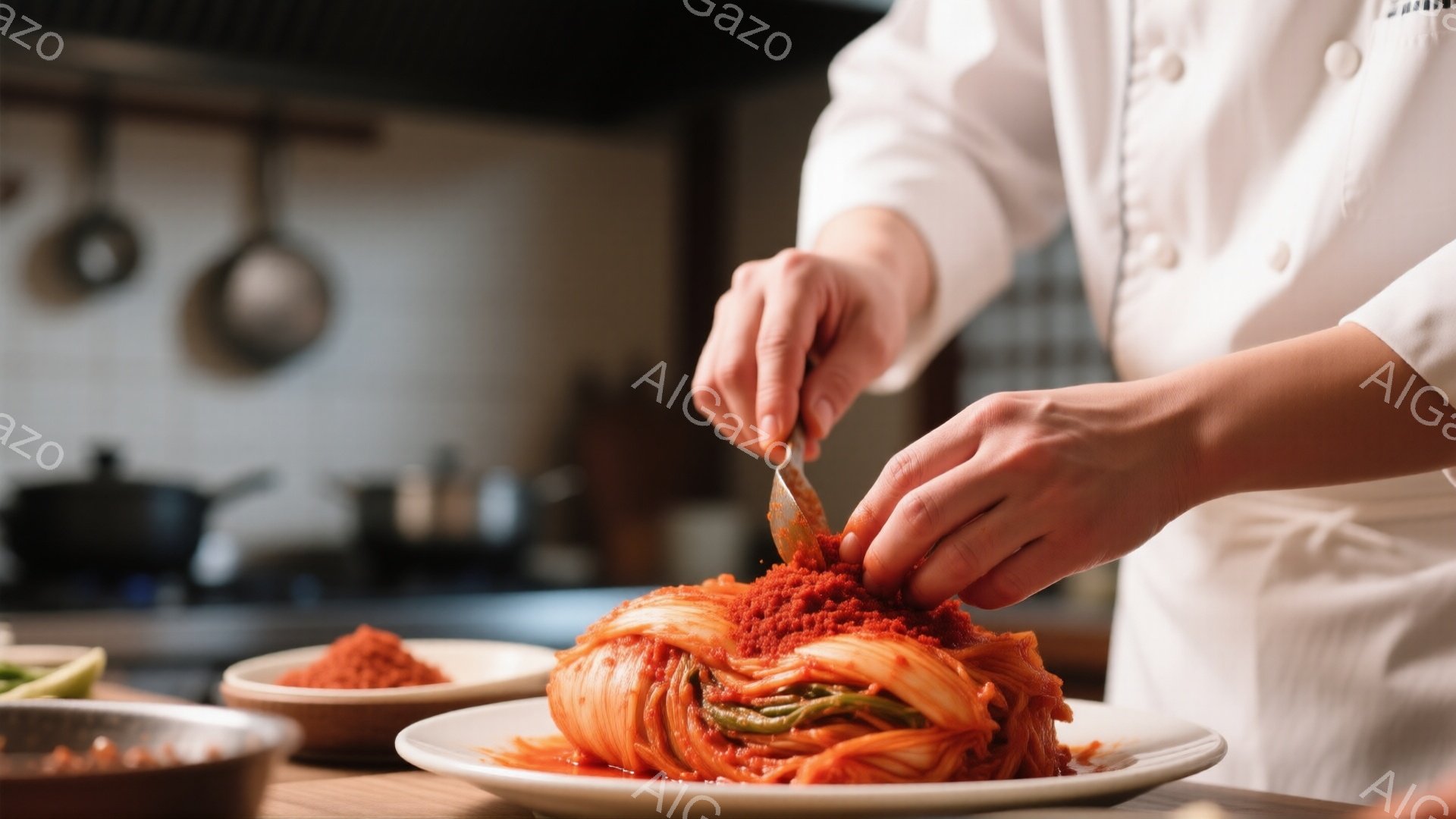 白いコックコートを着た人物が、大きな白い皿に盛られたキムチに赤い粉末を振りかけている様子が捉えられています。背景には、調理器具が並んだキッチンが見え、全体的に温かく、手作りの料理を丁寧に作っている雰囲 - AI生成フリー素材