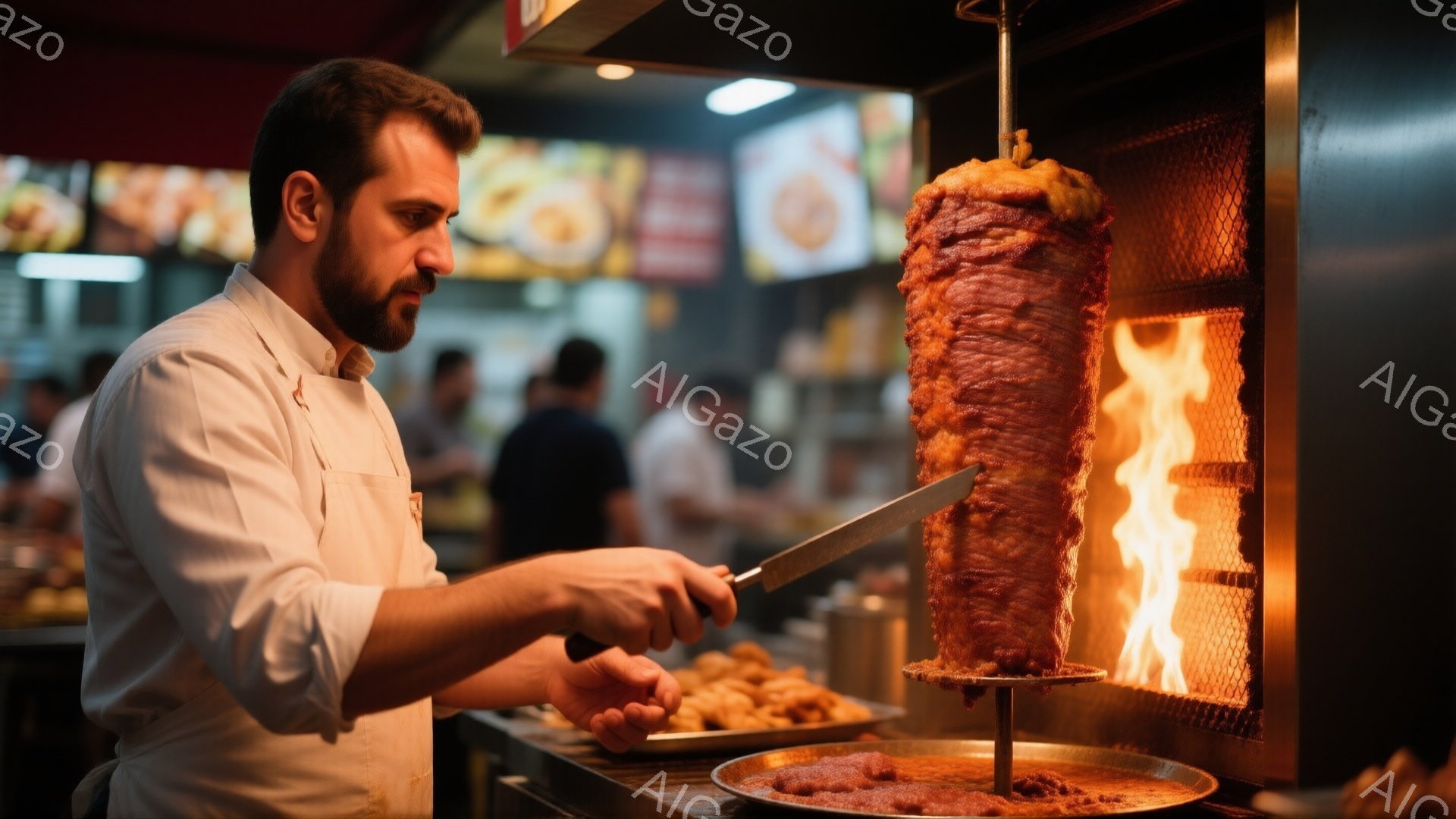 白い制服を着た男性が、回転するケバブ肉をナイフで削っています。彼は短髪で髭を生やしており、真剣な表情で調理に集中しています。背景には他の人々や調理器具が見え、ケバブ店の中の賑やかな雰囲気が伝わってきま - AI生成フリー素材
