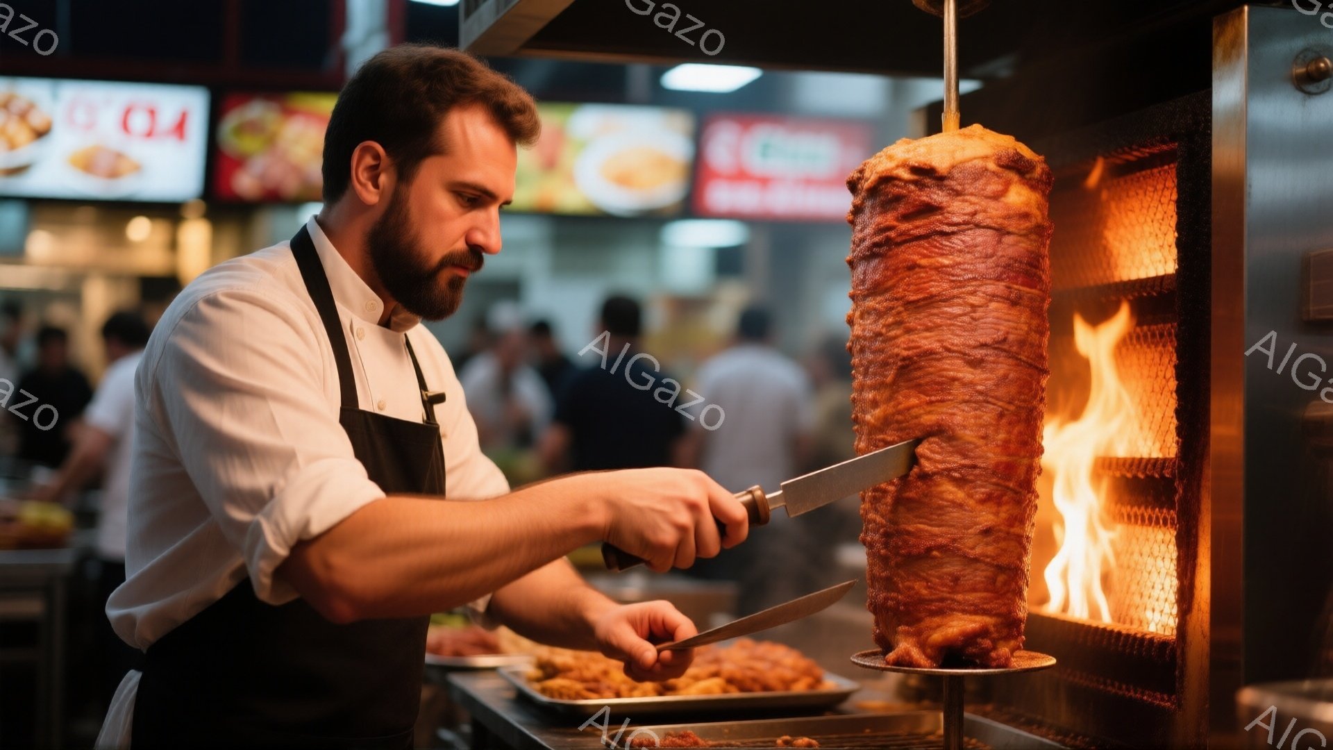 髭を生やした男性が、ケバブの肉をナイフで削っています。彼は白いシャツと黒いエプロンを着ており、真剣な表情で調理に集中しています。背景には、他の人々やケバブ店の内装が見え、暖色系の照明が暖かく活気のある雰囲気を演出しています。