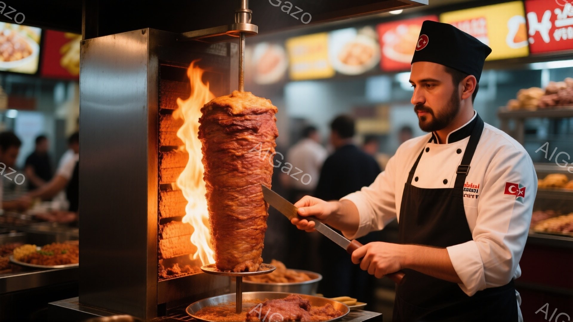 ケバブ職人が巨大な肉の塔をナイフで削っています。彼は白いコックコートと帽子を着用し、真剣な表情で調理に集中しています。背景には他の客や調理器具が見え、賑やかなケバブ店の様子が伺えます。