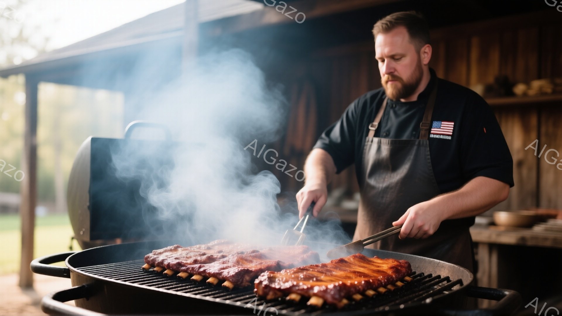 髭を生やした男性が屋外でバーベキューの調理をしている様子が写っています。彼は黒いエプロンと長袖シャツを着ており、トングを使って調理中のスペアリブを覗き込んでいる。背景には木製の建物と緑の自然が見え、煙 - AI生成フリー素材