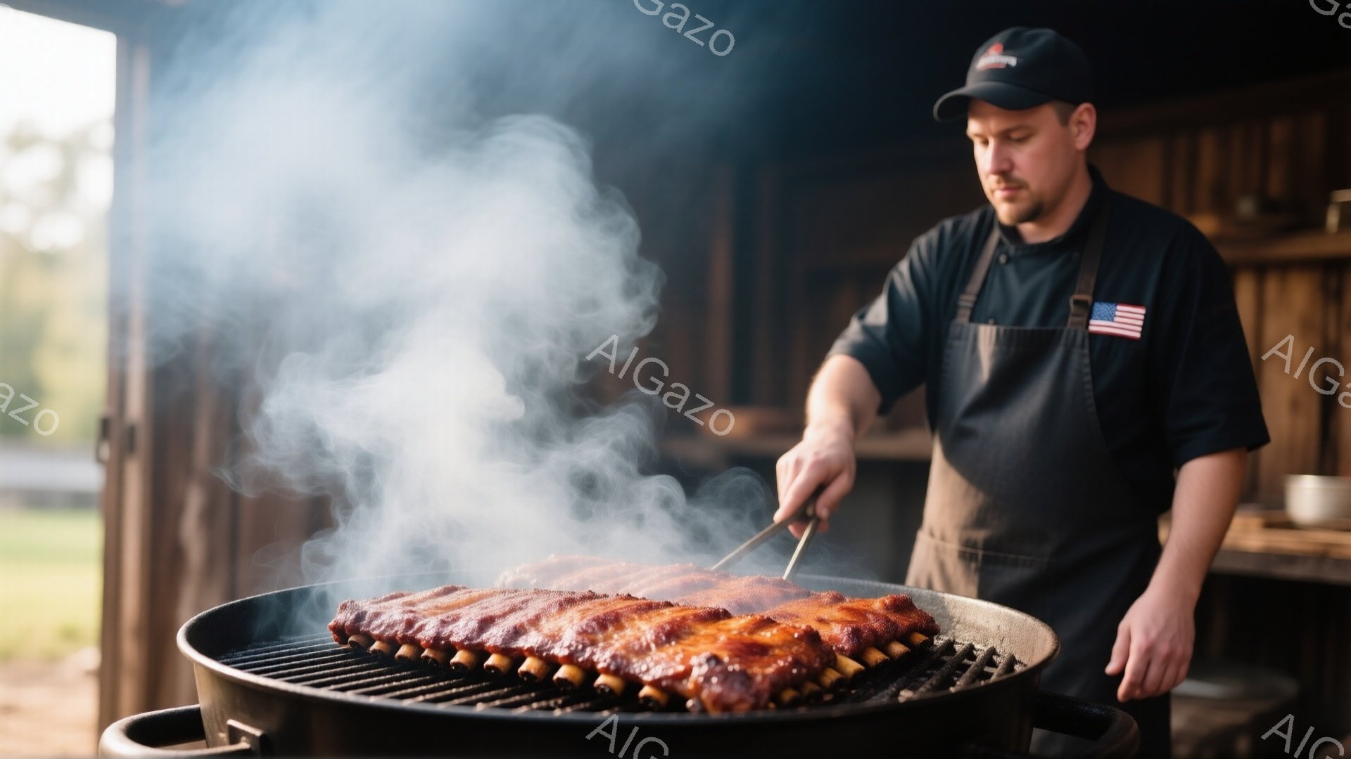 男は黒いエプロンとキャップを着用し、リブに煙を吹きかけている。彼は真剣な表情でリブを見つめ、調理に集中しているようだ。背景には木製の建物と緑の自然が見え、屋外のバーベキューの温かい雰囲気が漂っている。
