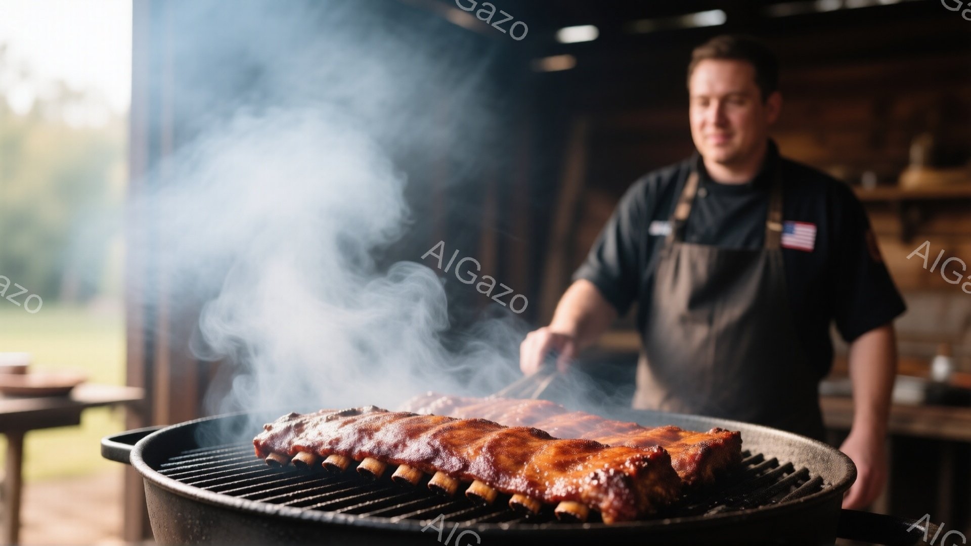 煙が立ち上る焼けたスペアリブが、黒い鉄製のグリルに並べられている。背景には、エプロンを身に着けた男性が、ややぼんやりとした表情でこちらを見ている。彼は短髪で、木製の壁と緑の自然に囲まれた、暖かい雰囲気の屋外キッチンにいる。