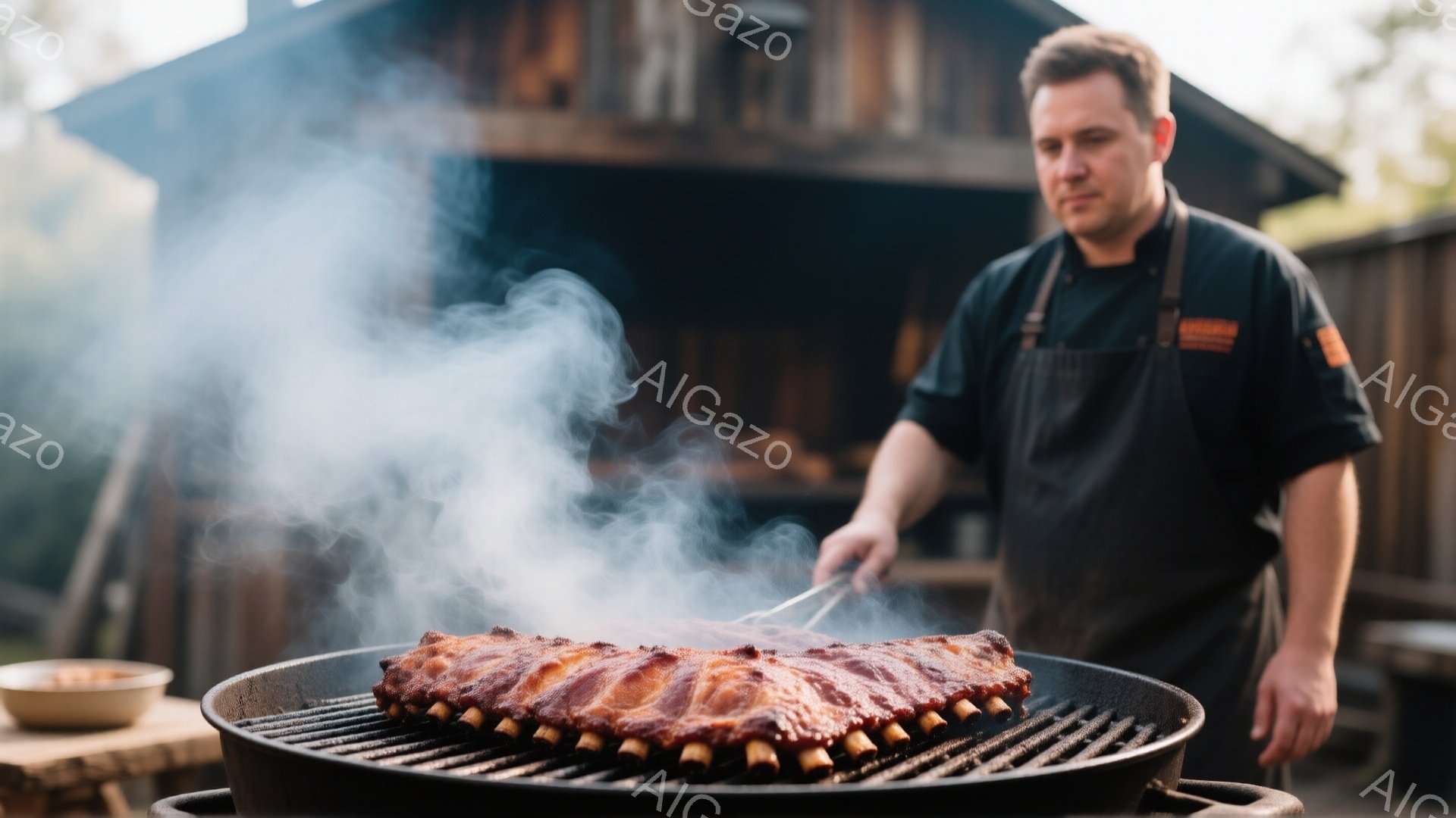 黒いエプロンを着た男性が、煙を上げながら焼かれているスペアリブのラックをトングで扱う様子が写っています。背景には木製の建物と自然の緑があり、晴れた日のアウトドアバーベキューの雰囲気が漂っています。男性は真剣な表情で調理に集中しており、全体的に暖かく活気のあるシーンです。