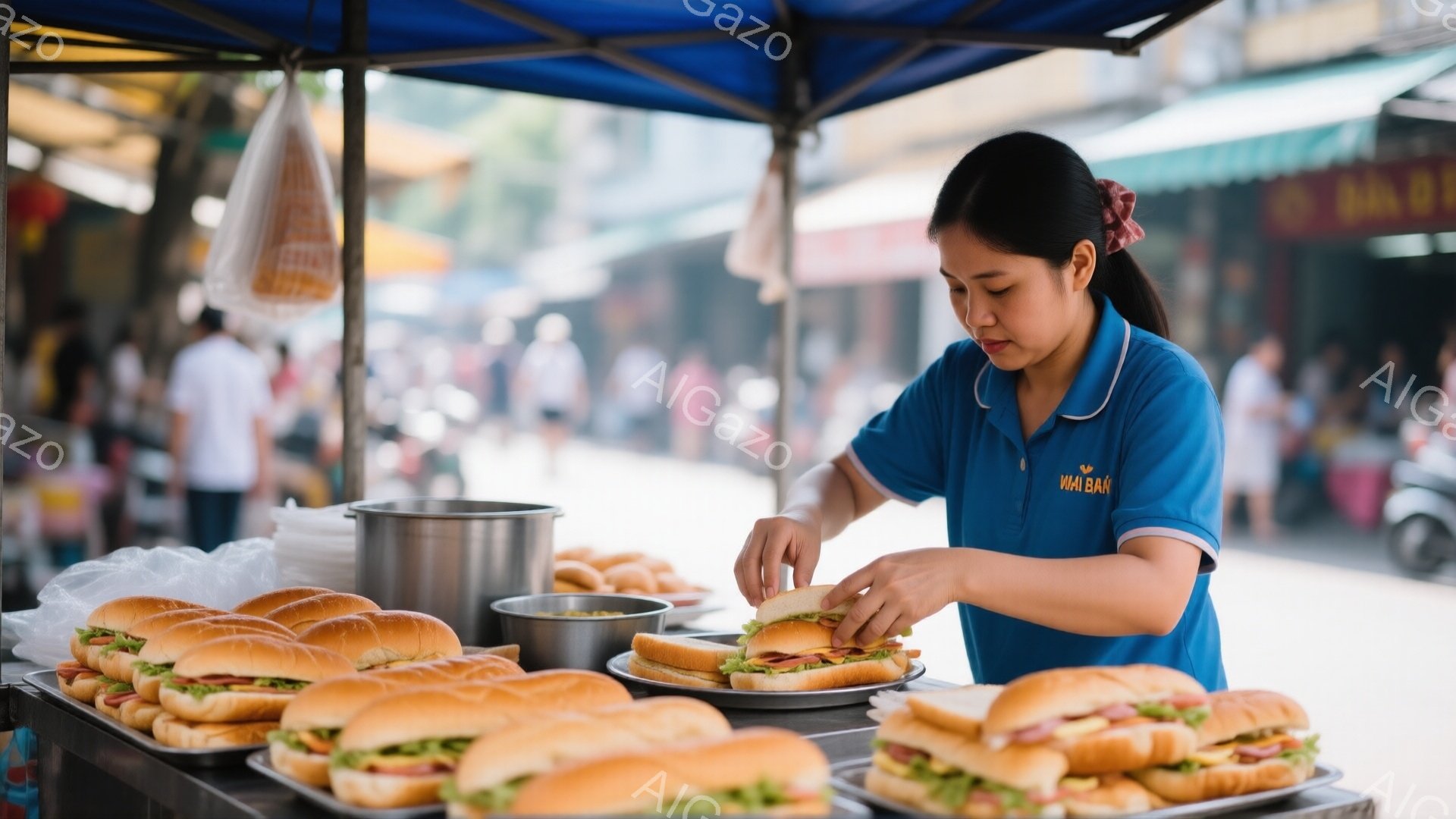 青いポロシャツを着た女性が、バゲットサンドイッチを作っている様子が写っている。彼女は真剣な表情でサンドイッチに具材を乗せている。背景にはサンドイッチが並んだトレイ、そして人々や建物が見え、屋台の活気ある雰囲気が伝わってくる。