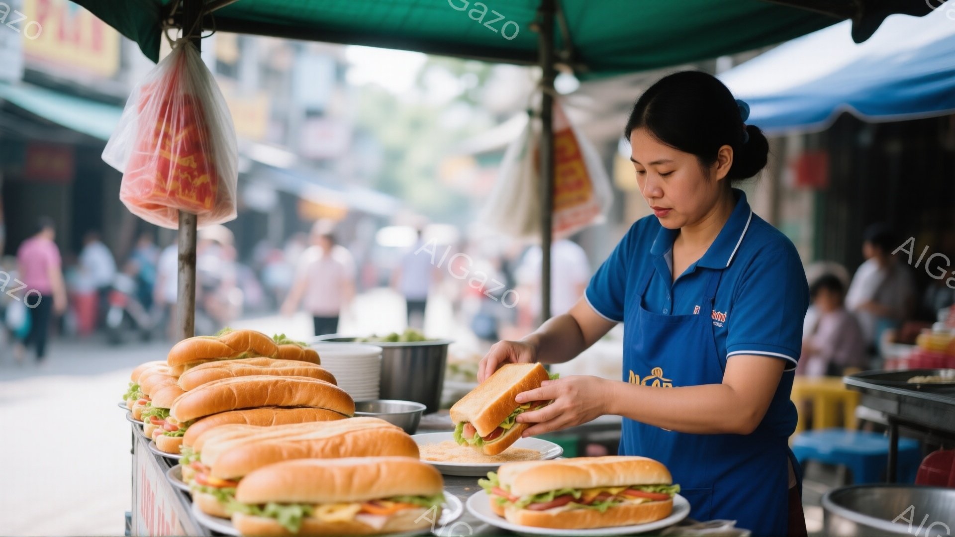 青いシャツを着た女性がバインミーを作っています。彼女は真剣な表情で、パンに具材を挟む作業に集中しています。背景には、多くのバインミーが並び、屋台の周りには人々が見え、活気のある通りが広がっています。