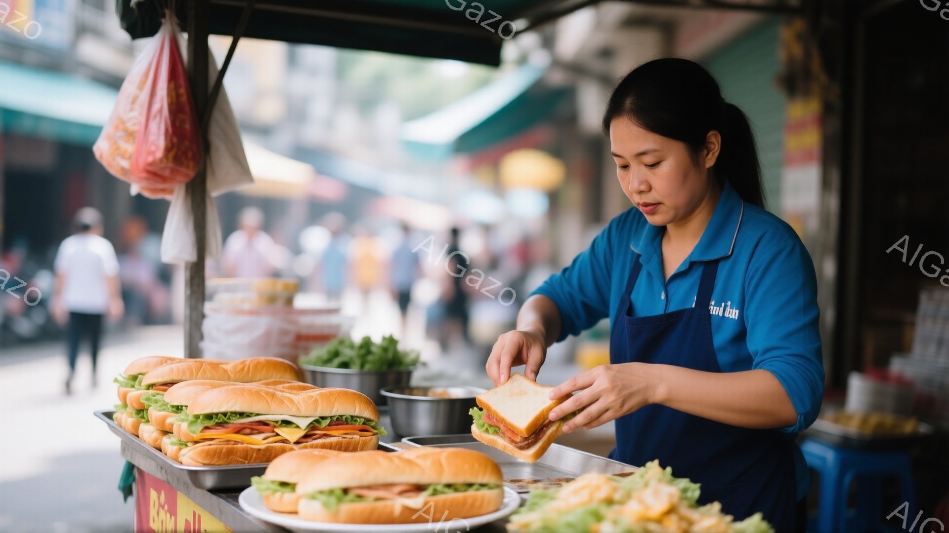 ベトナムの屋台で、青いエプロンをつけた女性がバインミーを作っています。彼女は真剣な表情でパンに具材を挟んでおり、周囲には既に作られたバインミーが並んでいます。背景には人々の姿が見え、活気のある屋台の雰囲気が伝わってきます。