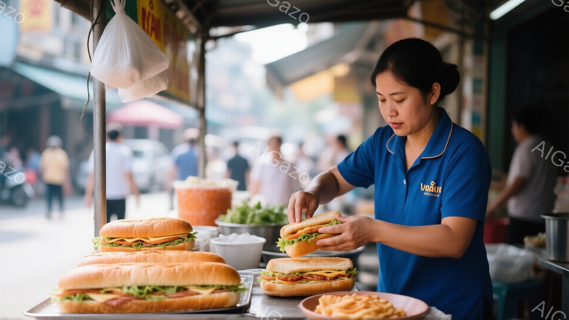 バインミーを作る女性が写っている。彼女は青いシャツを着ており、黒髪を後ろにまとめている。背景には、バインミーが並び、新鮮な野菜やフライドポテトが置かれた調理台があり、賑やかな通りが見える。 - AI生成フリー素材