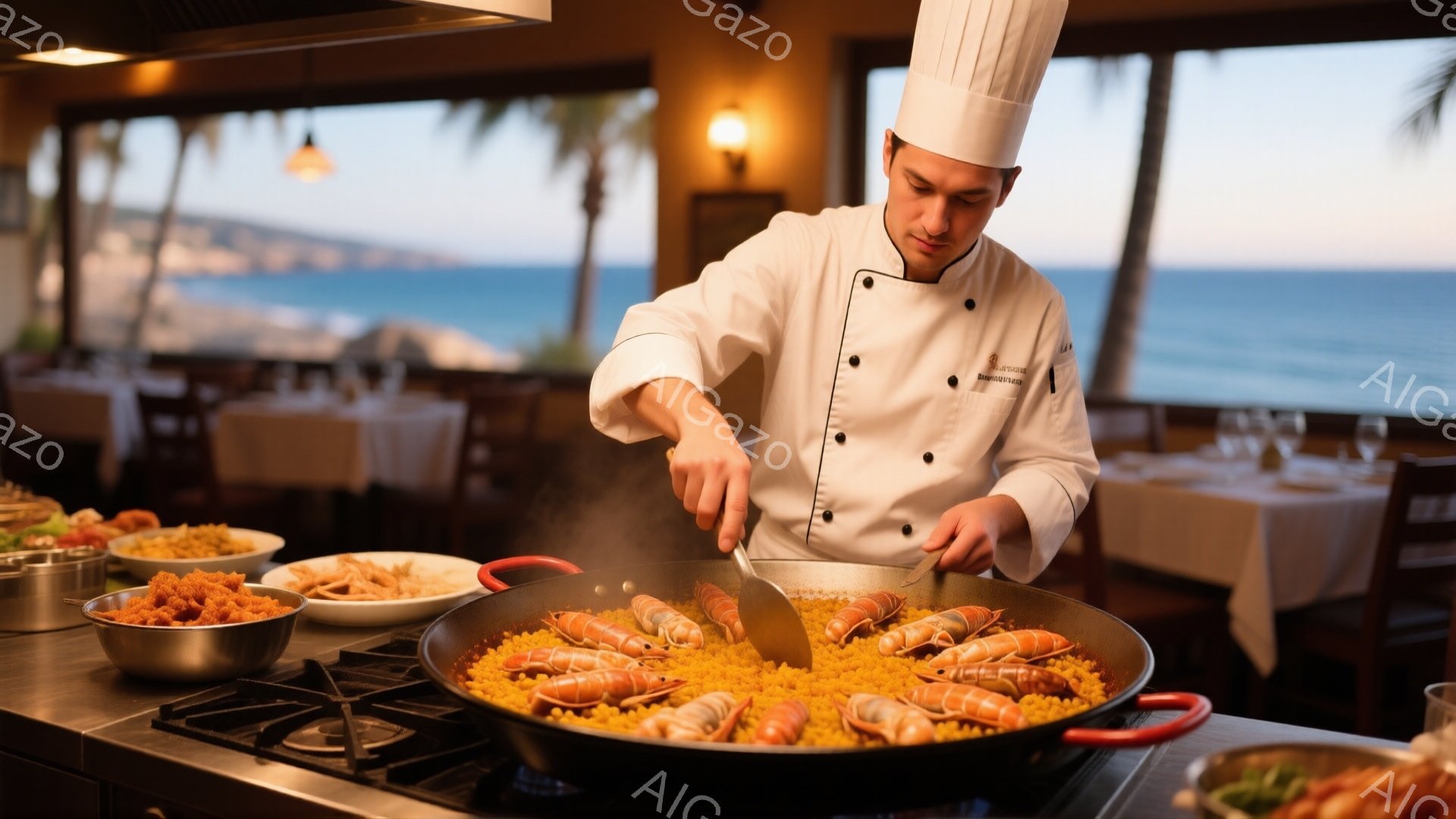 白いコックコートと帽子を身につけた男性が、大きなパエリア鍋の前で調理をしている様子が写っている。彼は鍋の中身をスプーンで混ぜながら、真剣な表情で調理に集中している。背景には海と夕焼けが見え、レストラン - AI生成フリー素材