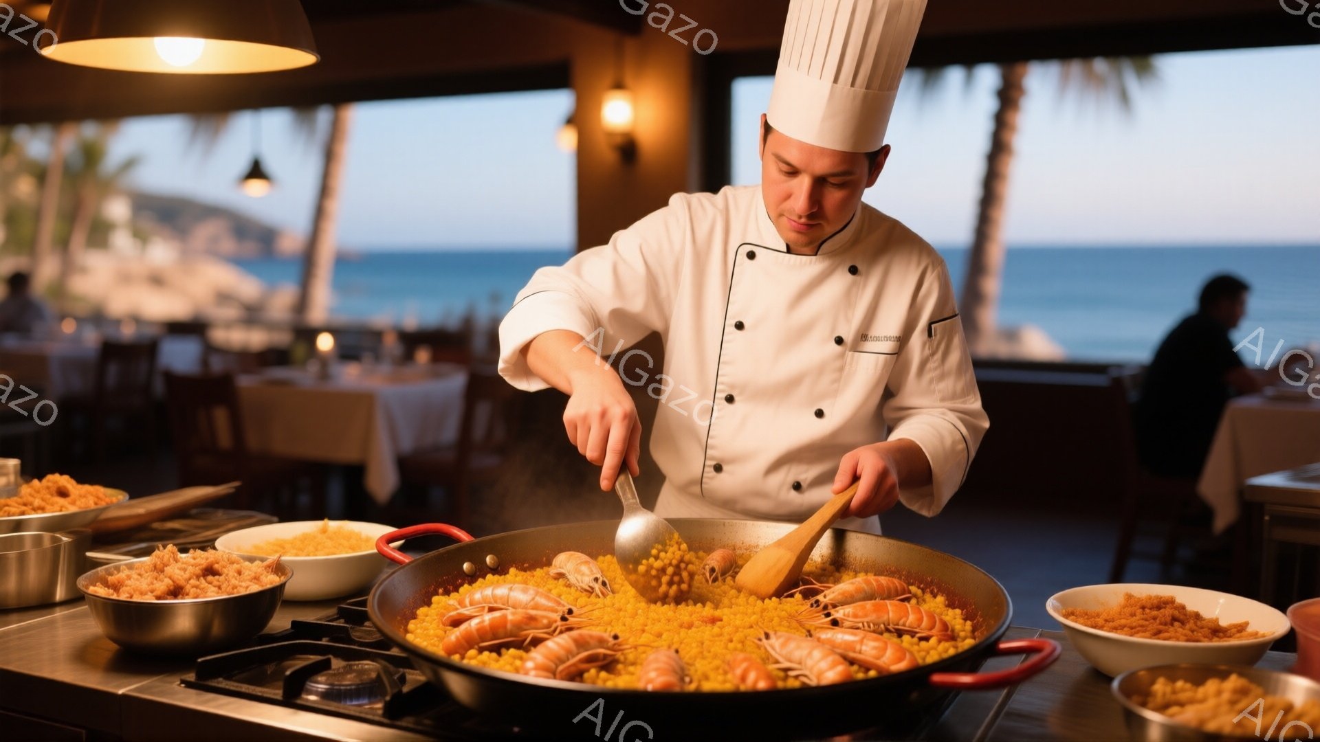 白いコックコートと帽子を着用した男性が、大きなフライパンでパエリアを調理している様子が写っている。彼は真剣な表情で木製のヘラを使ってパエリアを混ぜており、調理に集中していることがわかる。背景には、海と - AI生成フリー素材