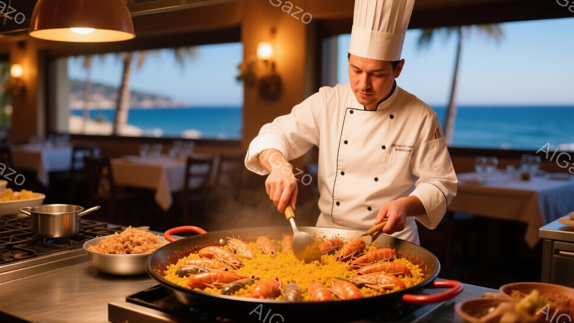 白いコックコートと帽子を着用した男性が、大きなフライパンでパエリアを調理している様子が写っている。彼は真剣な表情でフライパンをかき混ぜており、調理に集中している様子が伝わる。背景には、海が見えるレストランの室内が広がり、暖色系の照明と窓から差し込む夕日の光が、落ち着いた雰囲気を演出している。