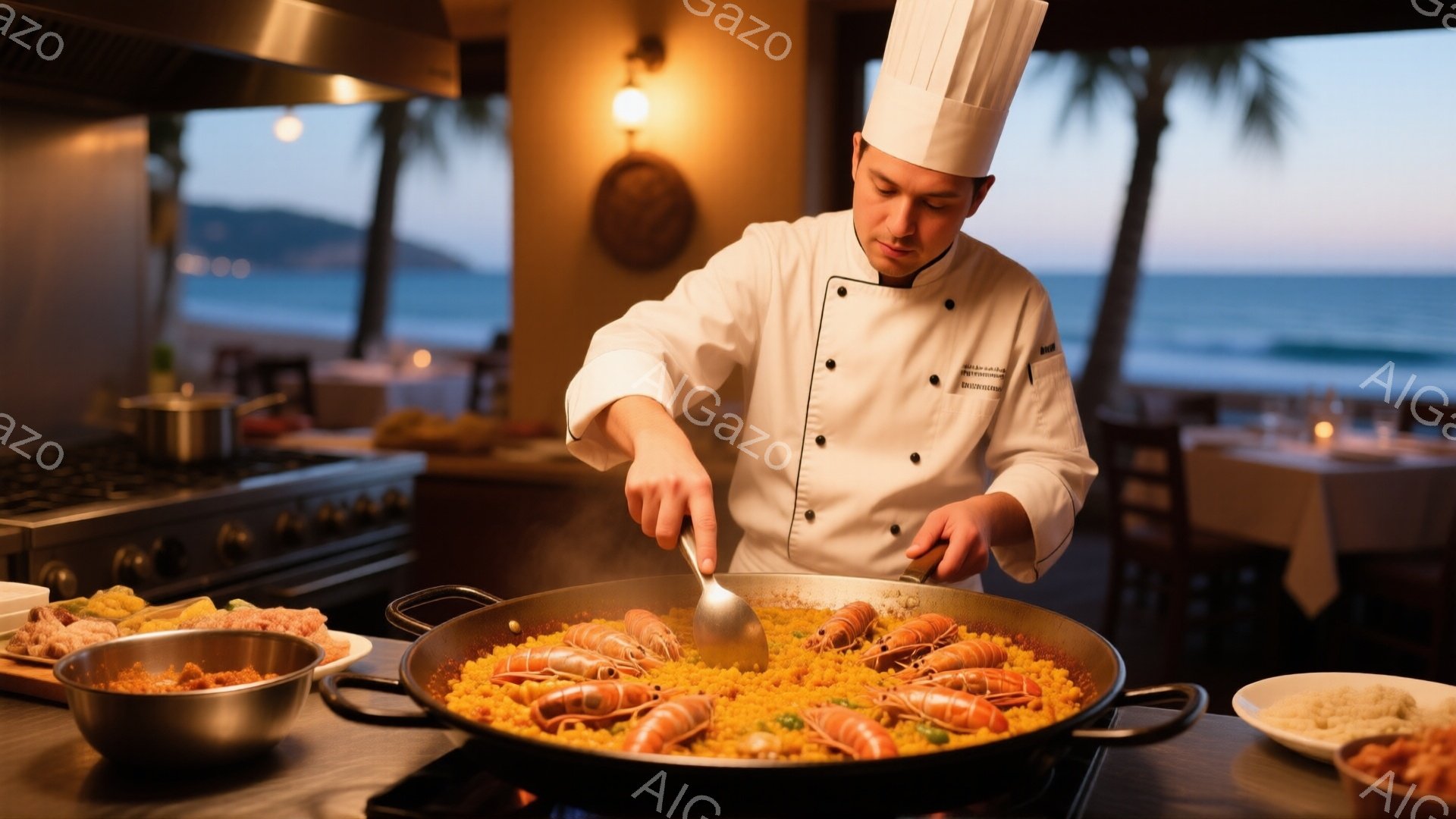 プロのコックが大きなフライパンでパエリアを作っている様子が写っている。彼は白いコックコートと帽子を着用し、真剣な表情でパエリアを混ぜている。背景には夕暮れ時の海と、テーブルが並んだレストランの様子が見 - AI生成フリー素材