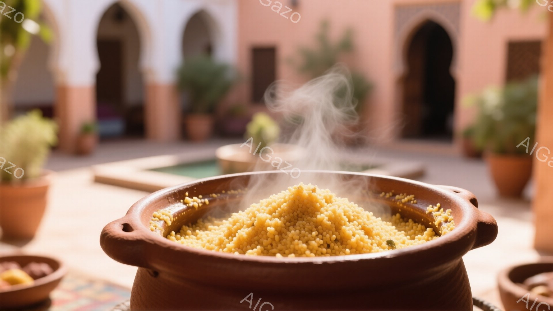 陶器の大きな鍋に、湯気が立ち上るクスクスが盛られています。背景には、モロッコ様式のアーチ型の入り口や、植物が植えられたテラコッタの鉢が並び、明るい日差しが差し込んでいます。全体的に暖かく、素朴で、食欲をそそる雰囲気です。