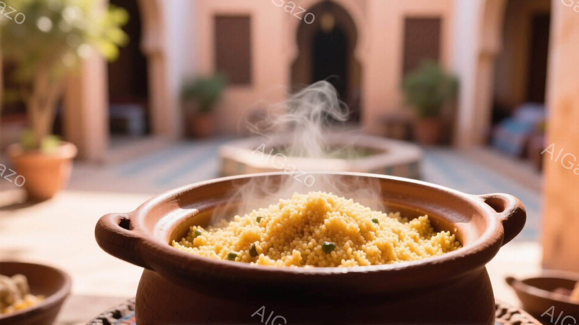 陶器のボウルに盛られた、湯気が立ち上るクスクスが中央に位置し、細かく刻まれたパセリのような緑色のハーブが散りばめられている。背景には、モザイク模様のタイルが敷かれた中庭があり、茶色い植木鉢に入った緑の植物が配置されている。全体的に暖色系の色調で、北アフリカまたは中東の伝統的な雰囲気を感じさせる静かで落ち着いた空間である。