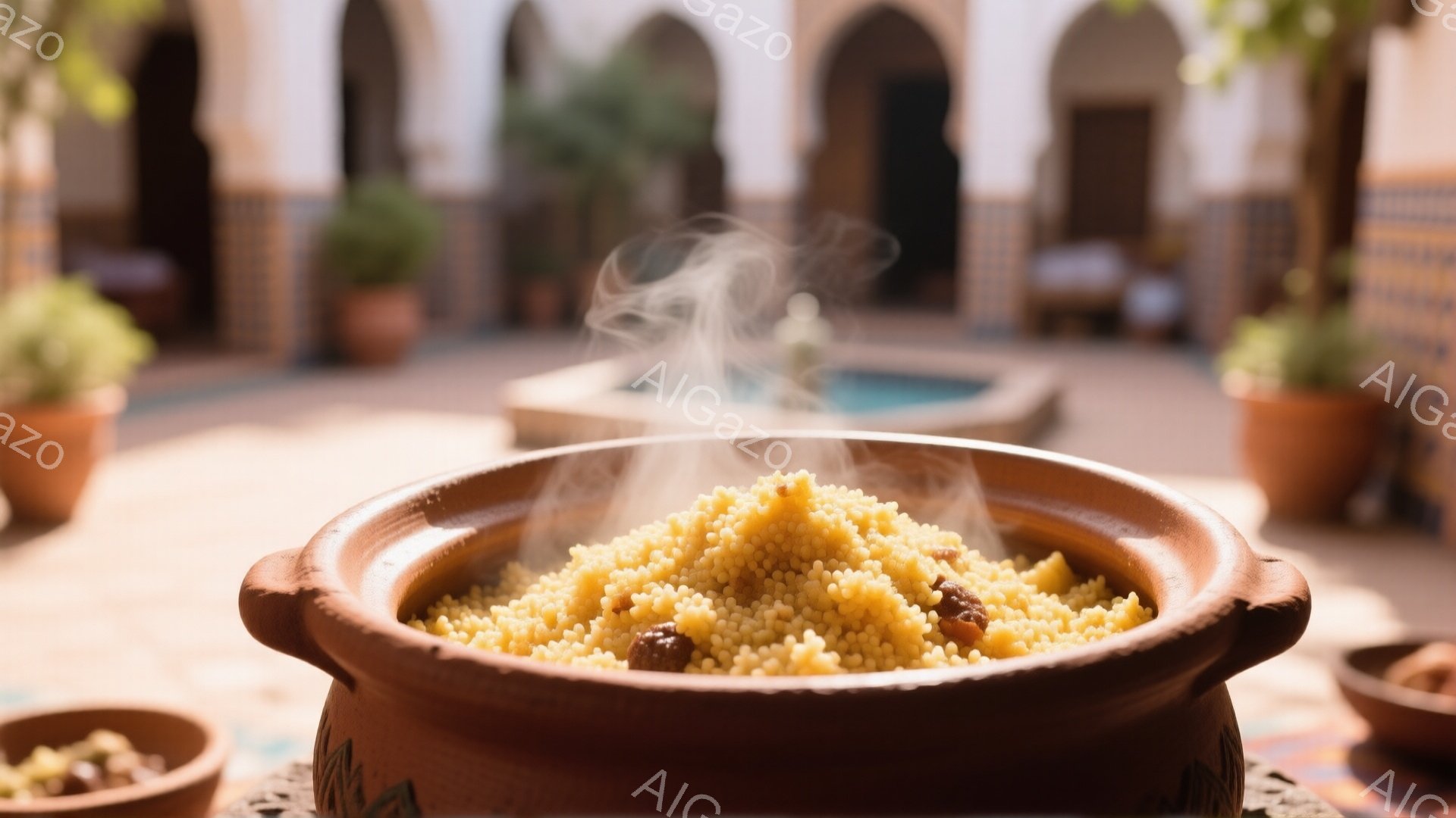 湯気が立ち上るクスクスが、素焼きの陶器の鍋に盛られている。背景には、モロッコ様式の美しい中庭が見え、アーチ型の構造とテラコッタ色の植木鉢が並び、暖かく穏やかな雰囲気を醸し出している。太陽光が差し込み、落ち着いた色彩と相まって、異国情緒あふれる食事の情景が広がっている。