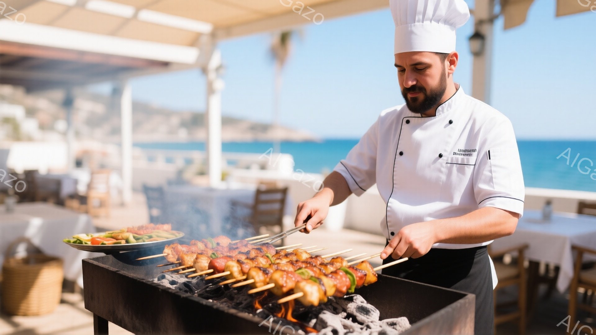 料理人は白いコック帽と上着を着用し、炭火で串焼きを作っています。彼は少し顎髭を生やしており、集中した表情で串にソースを塗っています。背景には青い海と白い建物が見え、晴れた日差しが差し込み、開放的で活気 - AI生成フリー素材