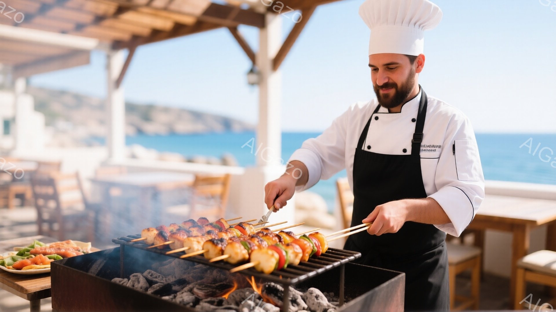 白いコックコートと黒いエプロンを着用した男性が、炭火焼きグリルで串焼きを焼いている。彼は少し顎ひげを生やしており、真剣な表情で串をひっくり返している。背景には青い海と白い建物が見え、晴れた日の屋外レストランのような雰囲気で、活気がありながらも落ち着いた雰囲気を感じさせる。