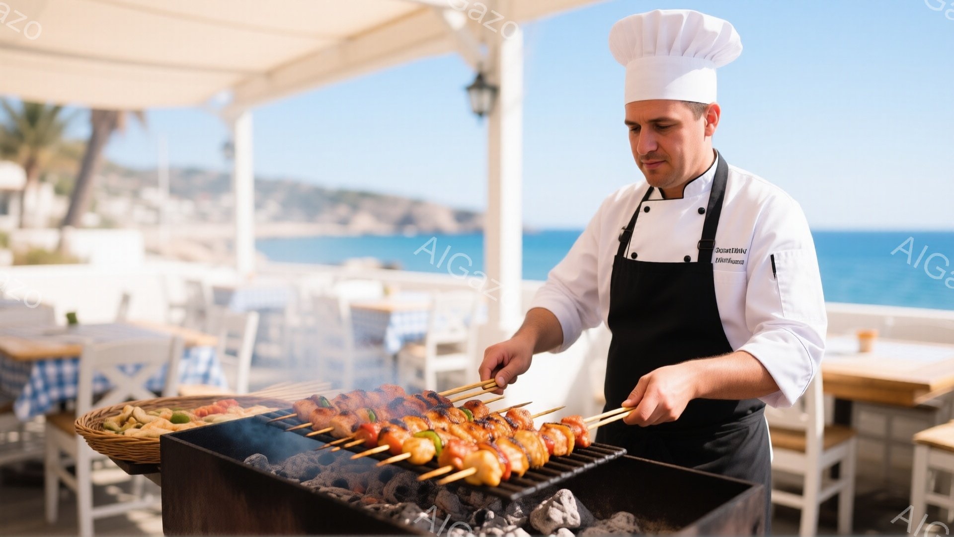 シェフは白いコックコートと帽子を着用し、串焼きをグリルで焼いている。彼は集中した表情で串を扱い、焼き加減を確かめているようだ。背景には青い海と白い椅子が並んだレストランのテラスが見え、晴れた日の穏やかな雰囲気が漂っている。