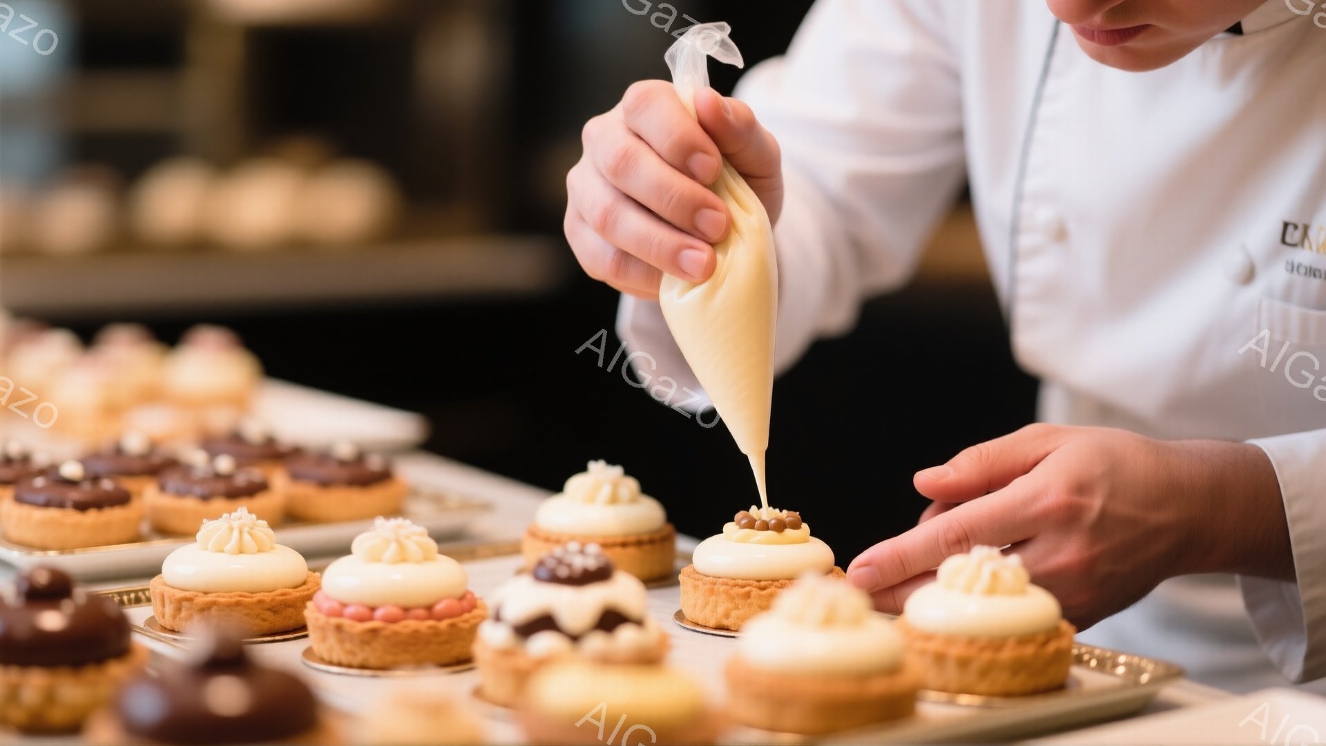 白い制服を着た人が、クリームを絞り出している様子が写っています。テーブルの上には、様々な種類のカラフルなタルトが整然と並んでおり、繊細な手仕事が窺えます。明るい室内で、菓子作りのプロフェッショナルな雰囲気が漂っています。