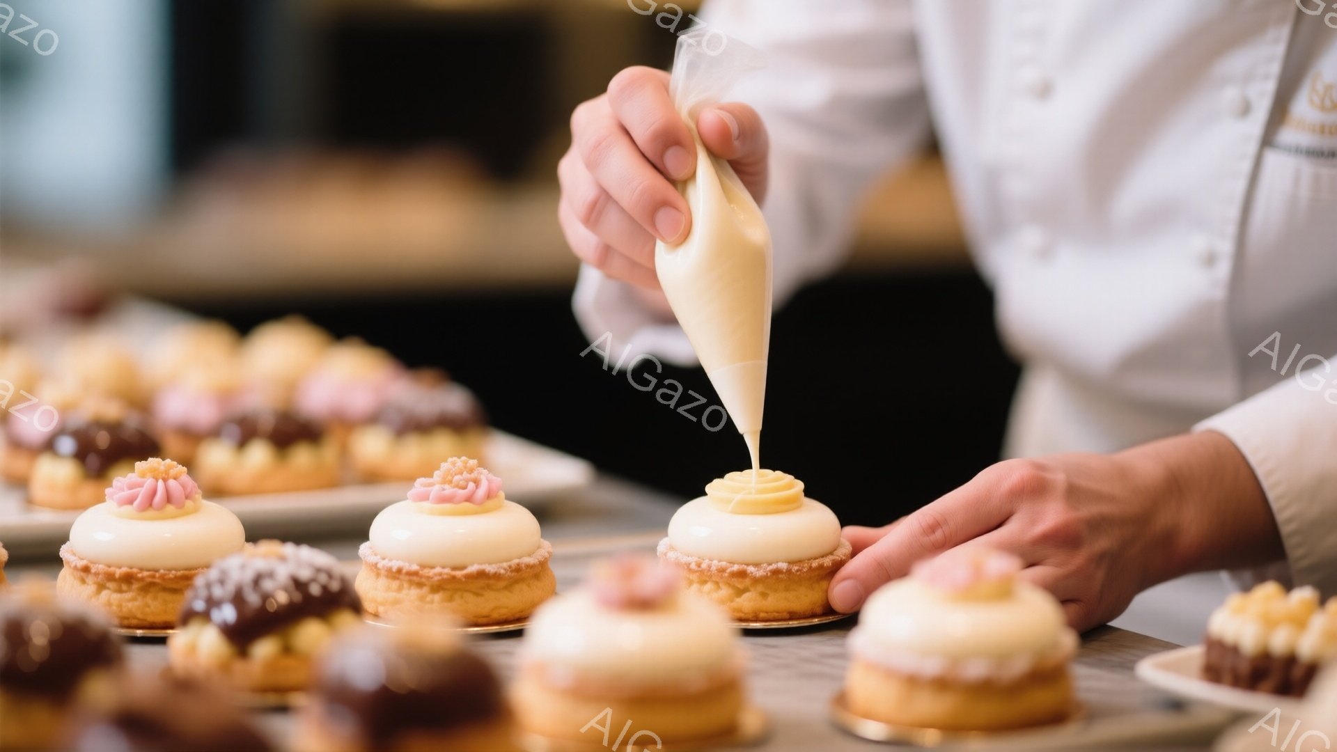 白い制服を着た人が、小さなケーキにクリームをデコレーションしている様子が写っている。ケーキはチョコレートやクリームで美しく装飾され、整然と並べられている。背景はぼやけており、ケーキと作業に焦点が当てられているため、温かく丁寧な雰囲気が漂う。