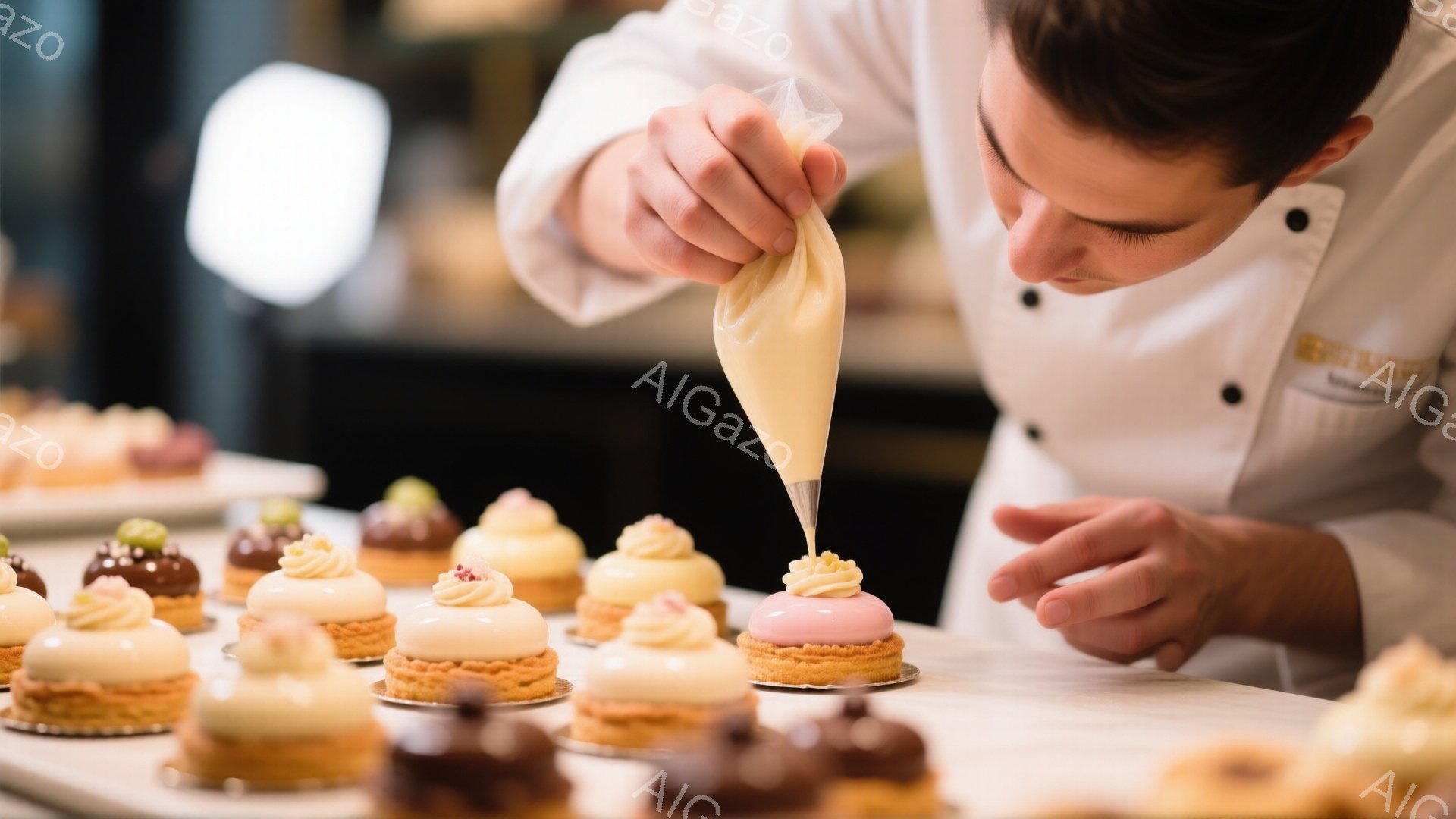 白いコックコートを着た男性が、小さなケーキにクリームを絞り込んでいます。彼の姿勢は集中しており、表情は真剣です。背景には、様々な色と形の完成したケーキが整然と並び、清潔感のある白いカウンターが広がって - AI生成フリー素材