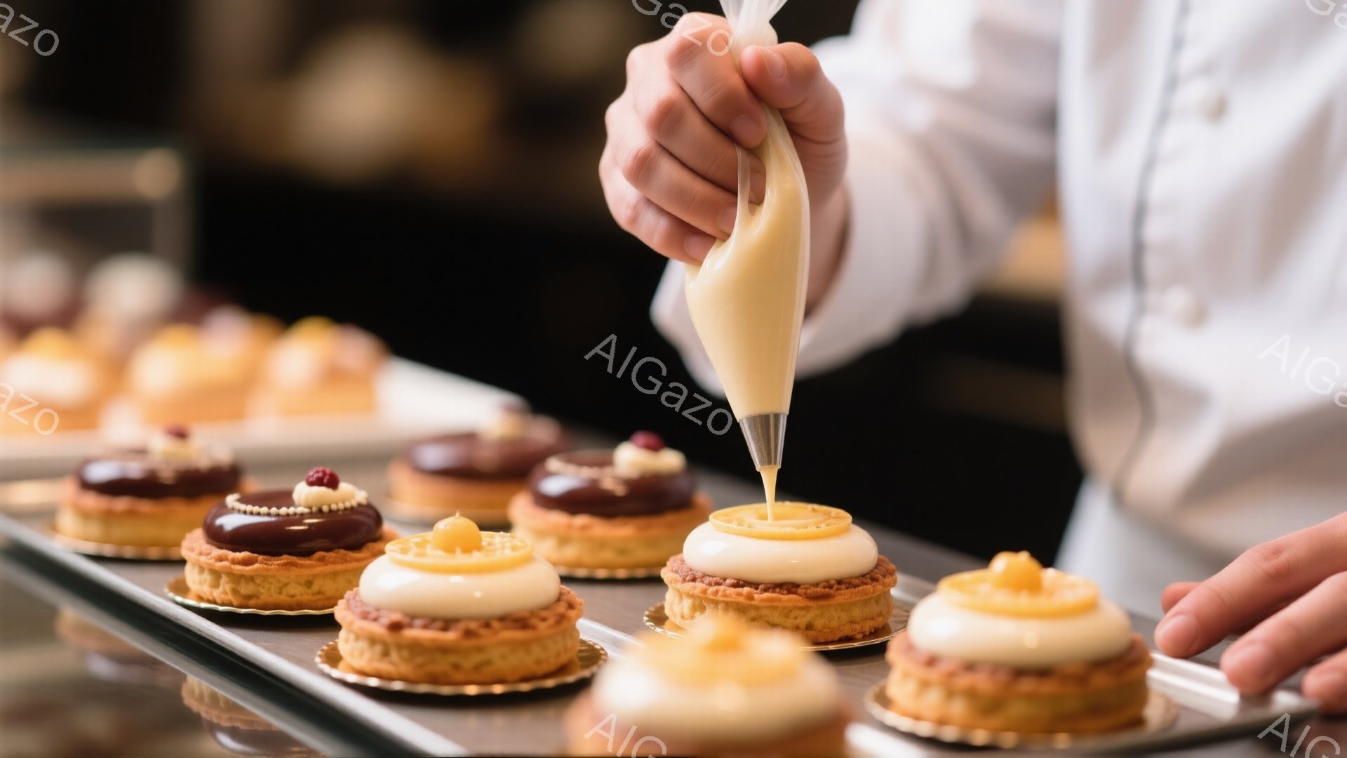 白い制服を着た人が、茶色いタルトの上に黄色いクリームを絞り込んでいます。タルトは金属製のトレイに整然と並べられており、背景はぼかされていますが、他のタルトや製菓店の一部が見えます。全体的に暖かく、丁寧に手作りされたお菓子の雰囲気が漂っています。